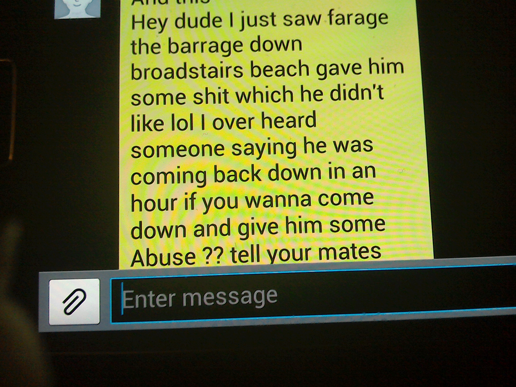 A text message sent to activists shows how 'Edward Johnson' allegedly encouraged them to abuse Nigel Farage