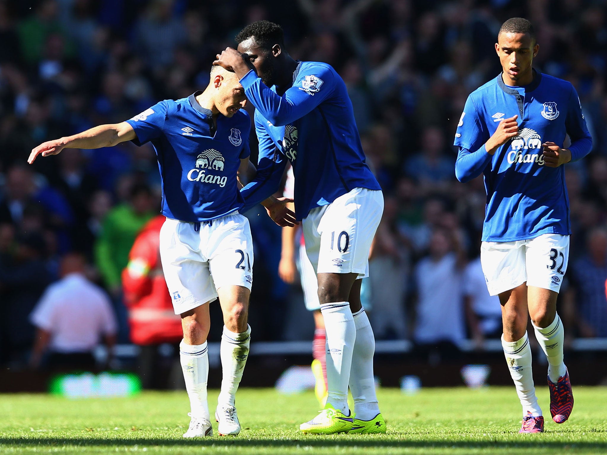 Romelu Lukaku celebrates with Leon Osman after the latter scores for Everton