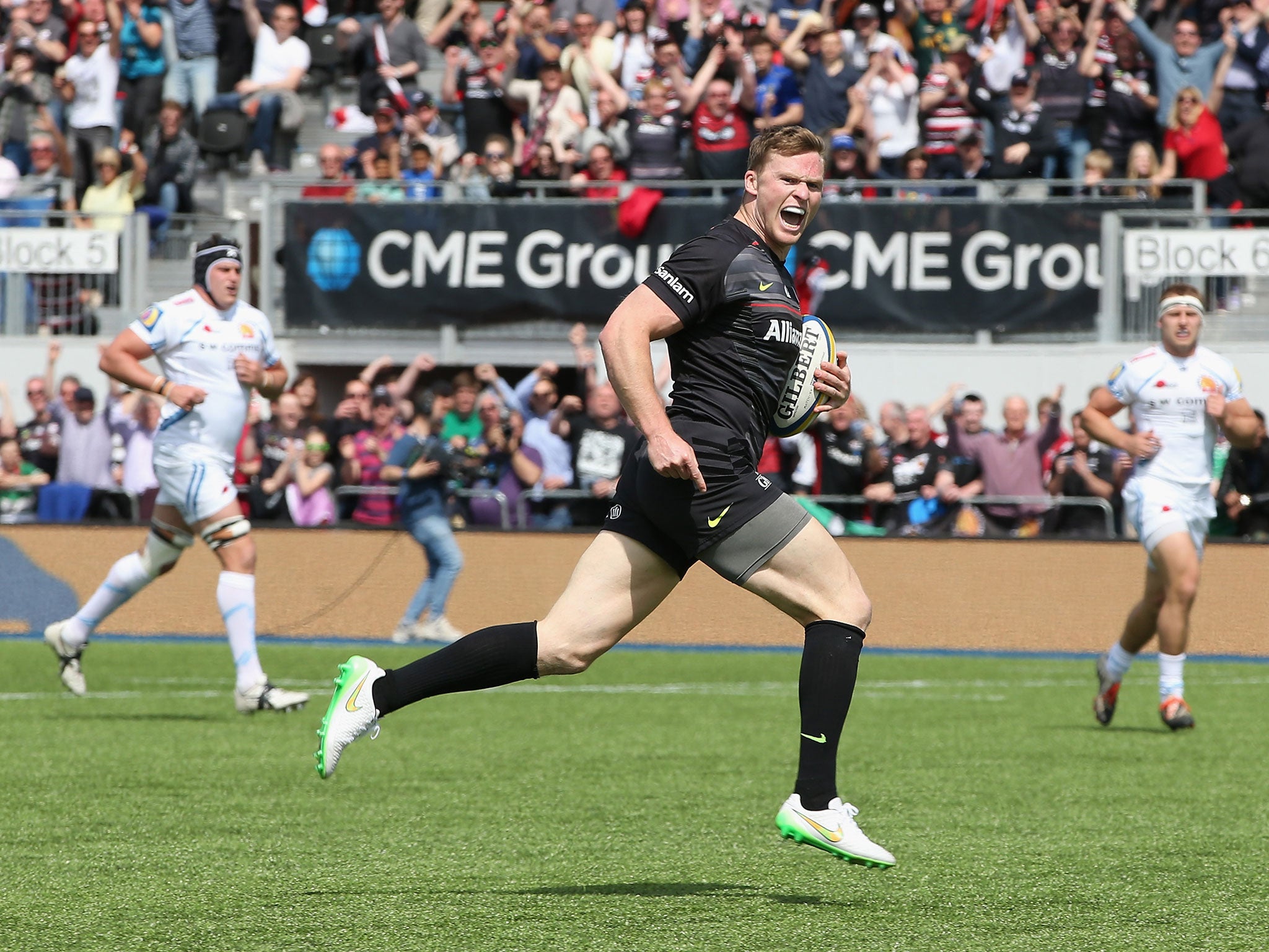 Saracens wing Chris Ashton runs in for one of his four tries
