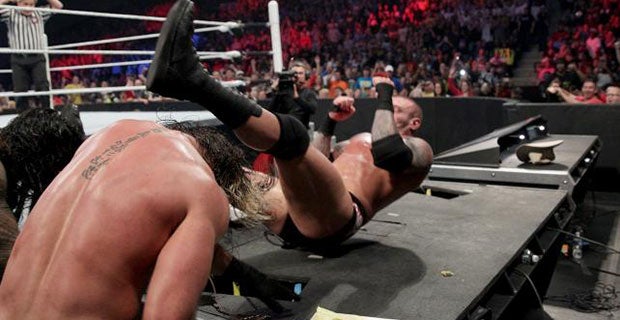 The three former Shield members ends Orton through the table
