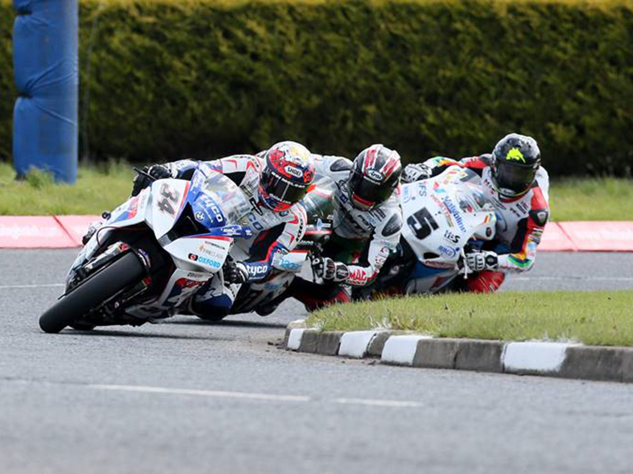 Alastair Seeley leads Ian Hutchinson and Bruce Anstey in the North West 200 Superbike race