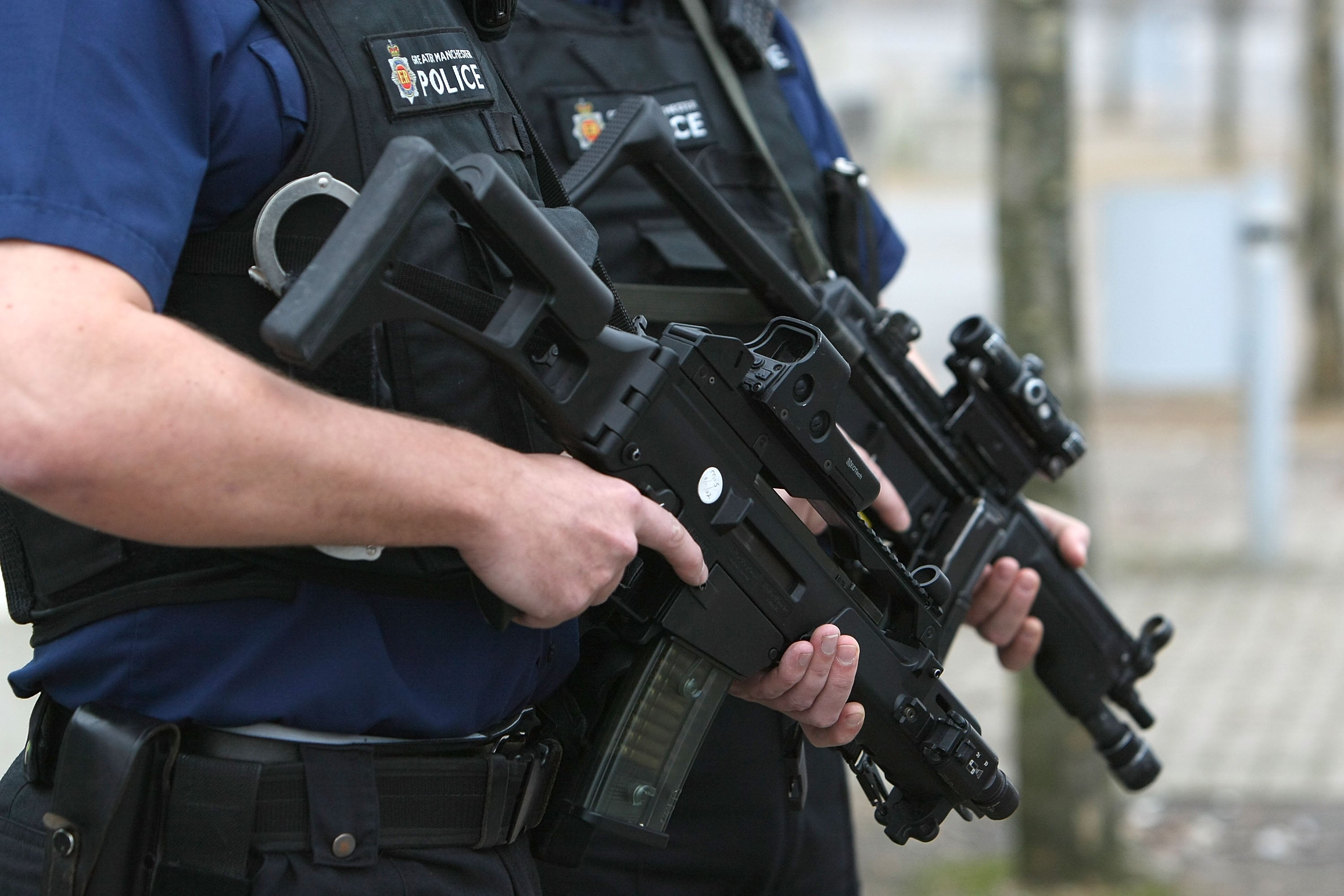 Armed response officers from Greater Manchester Police pose with Heckler and Koch G36 assualt rifles, also used by the Civil Nuclear Constabulary