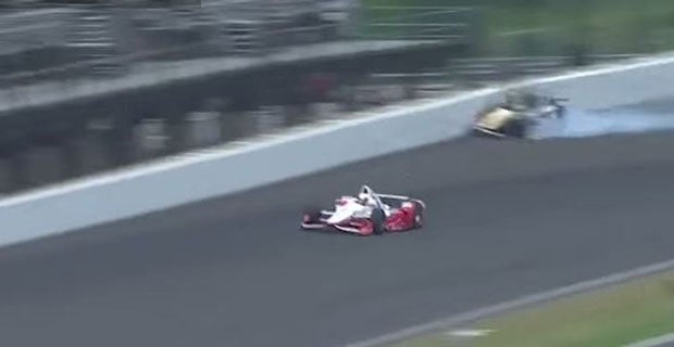 Hinchcliffe collides heavily with the outside barrier