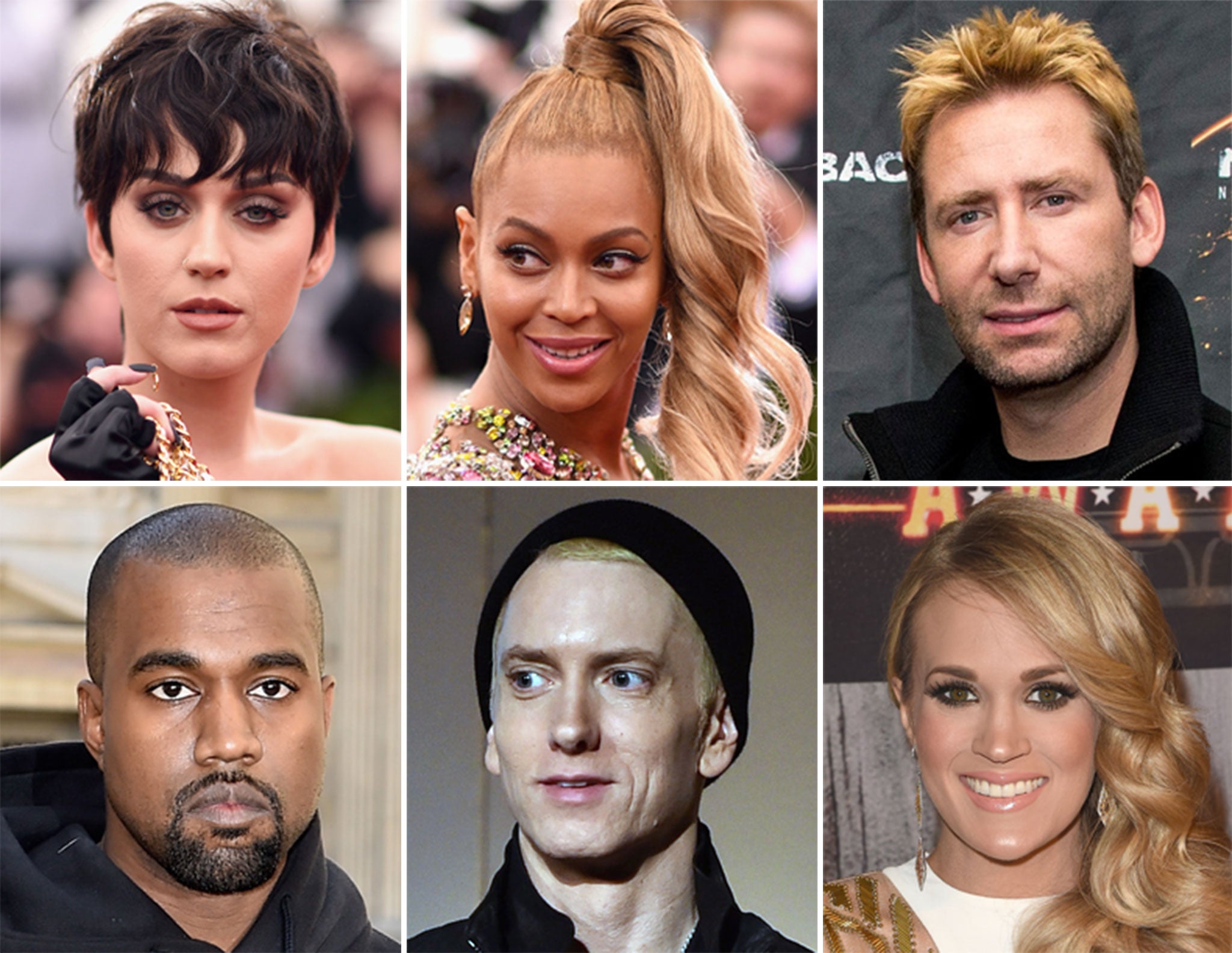 Top row left to right: Katy Perry, Beyonce, Chad Kroeger. Bottom row left to right: Kanye West, Eminem, Carrie Underwood