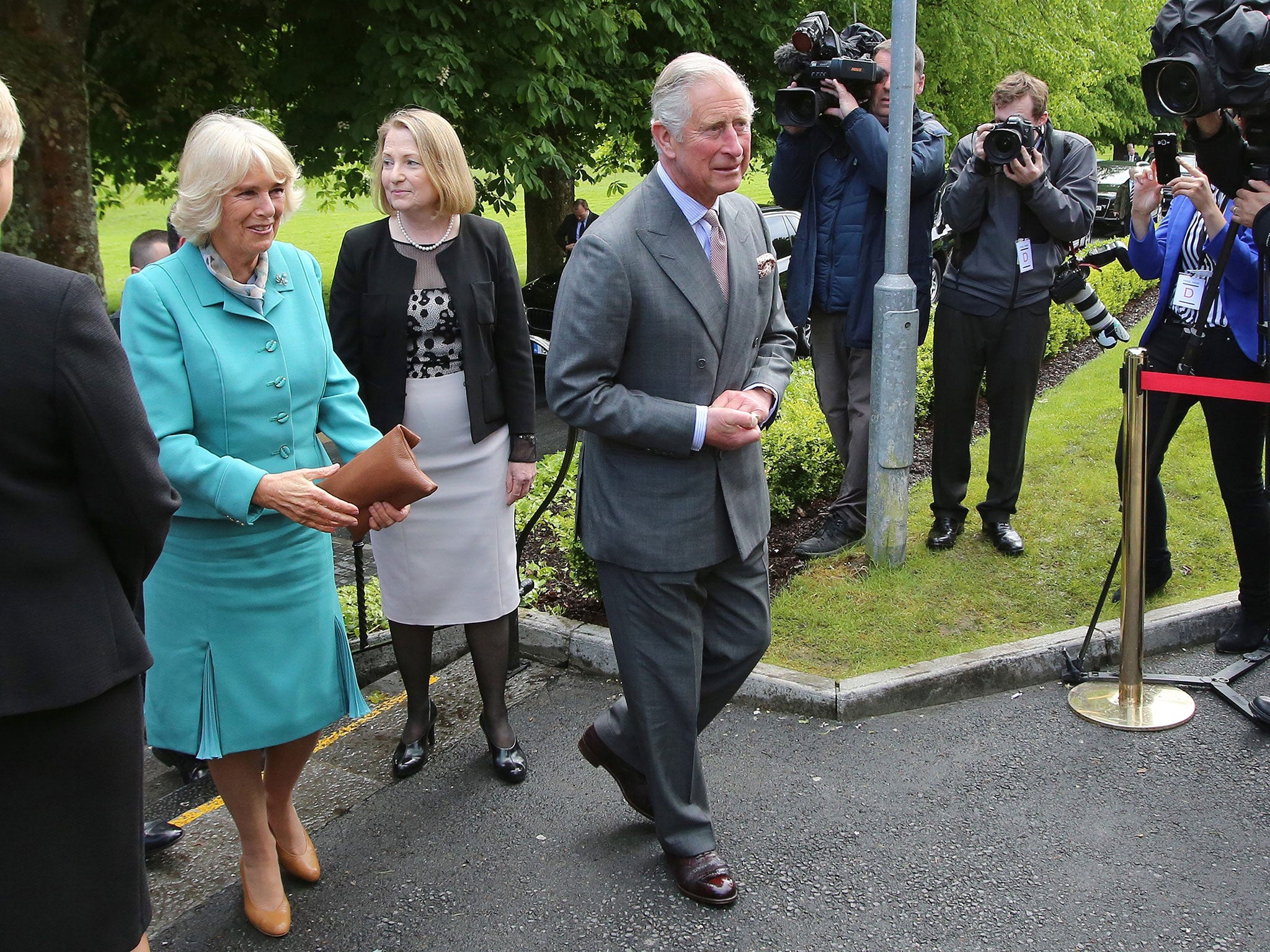 Prince Charles (centre) and Camilla Duchess of Cornwall (left) arrive at National University of Ireland, Galway, Ireland