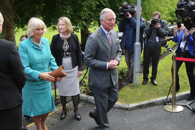Prince Charles (centre) and Camilla Duchess of Cornwall (left) arrive at National University of Ireland,  Galway, Ireland