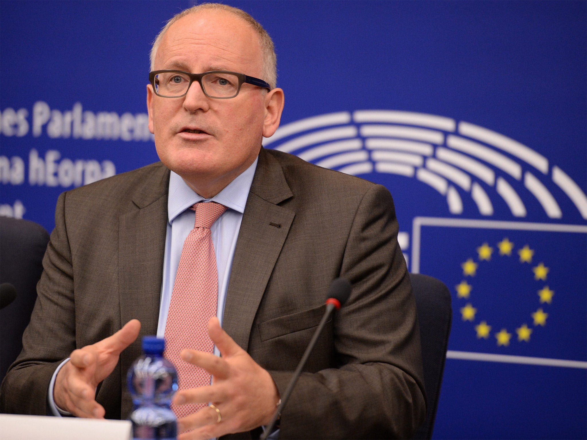 Vice-president of European Commission Frans Timmermans speaks during a press conference in Strasbourg on Tuesday