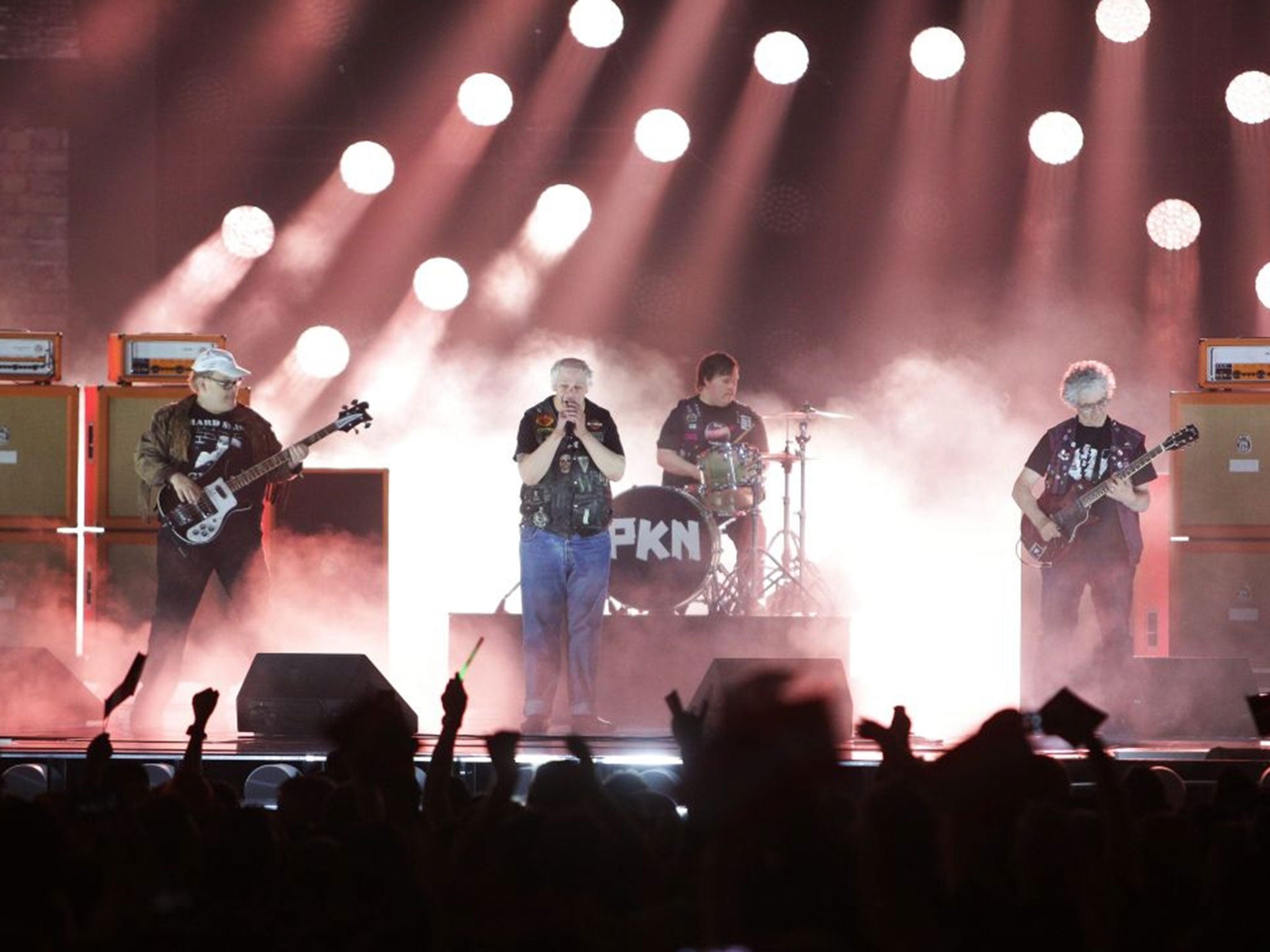 Members of the band Pertti Kurikan Nimipaivat representing Finland perform during the First Semi-Final of the 60th annual Eurovision Song Contest