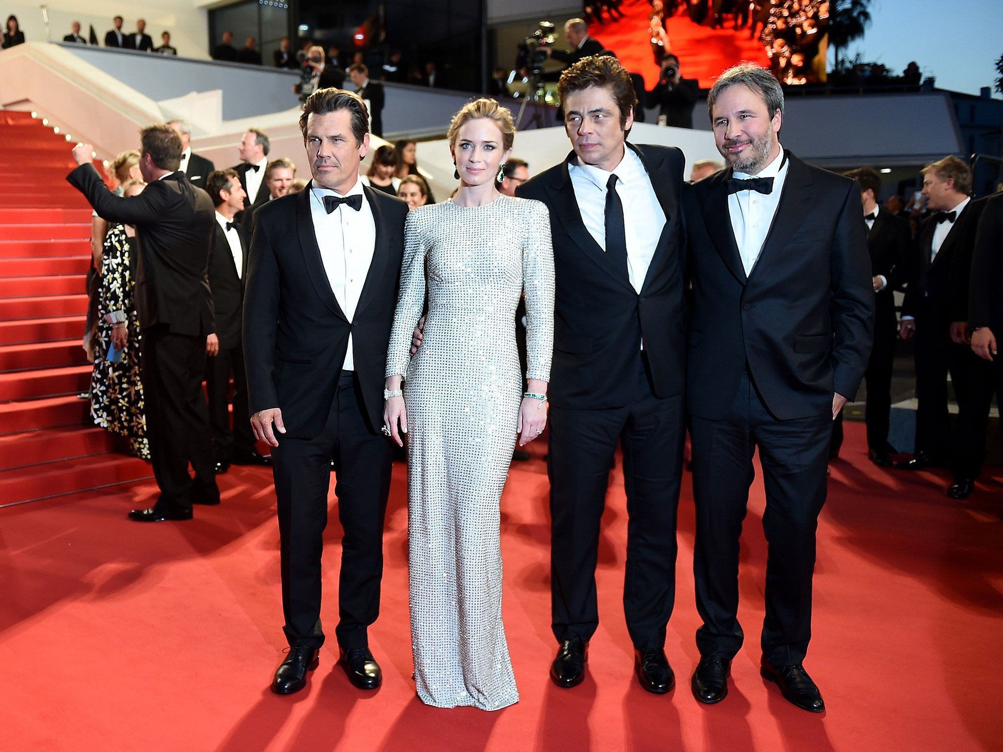 Josh Brolin, Emily Blunt, Benicio Del Toro and Denis Villeneuve arrive for the Sicario premiere at Cannes