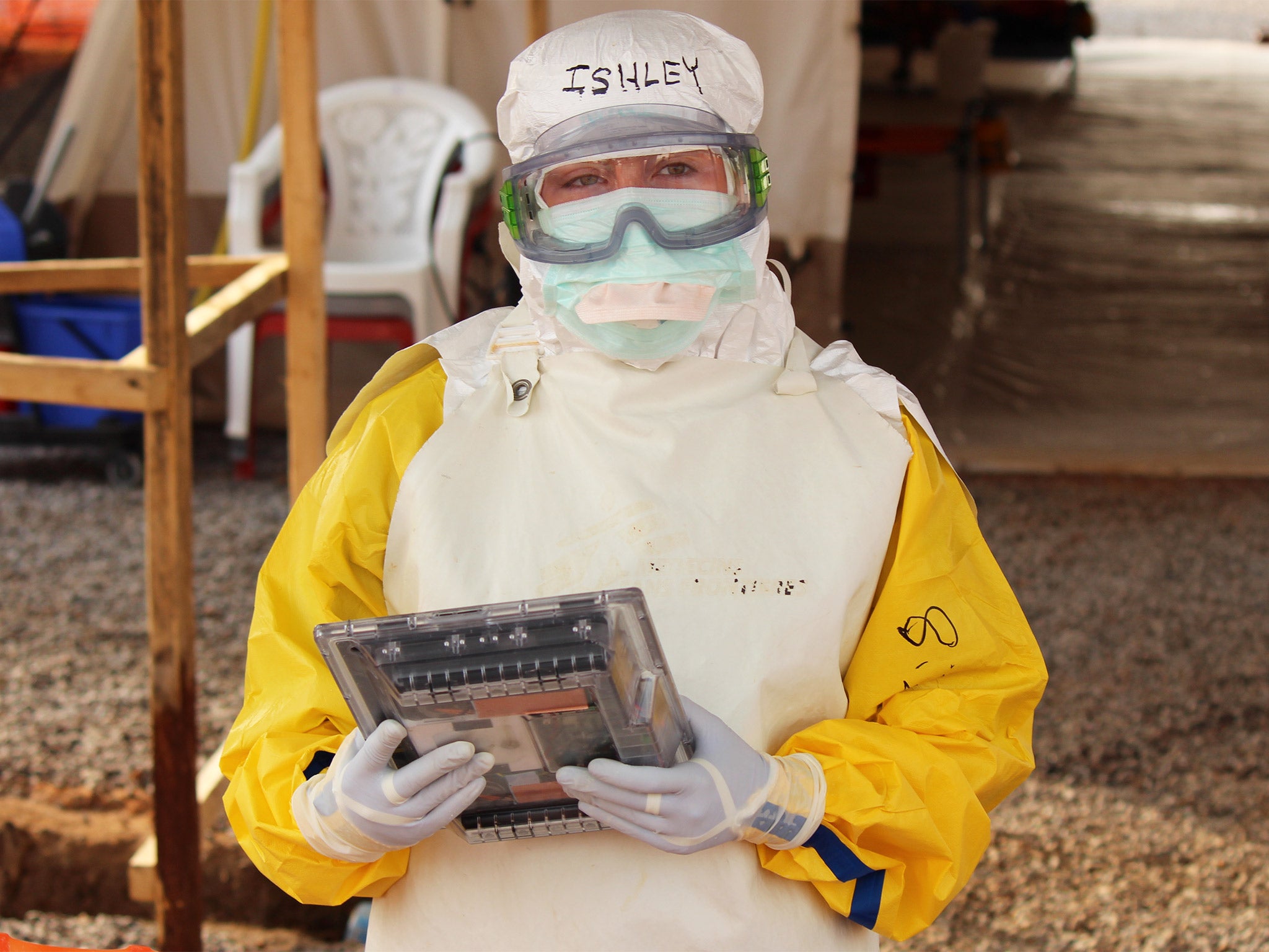 Innovations sans frontières: a waterproof Android device is tested at the Magburaka treatment centre in Sierra Leone