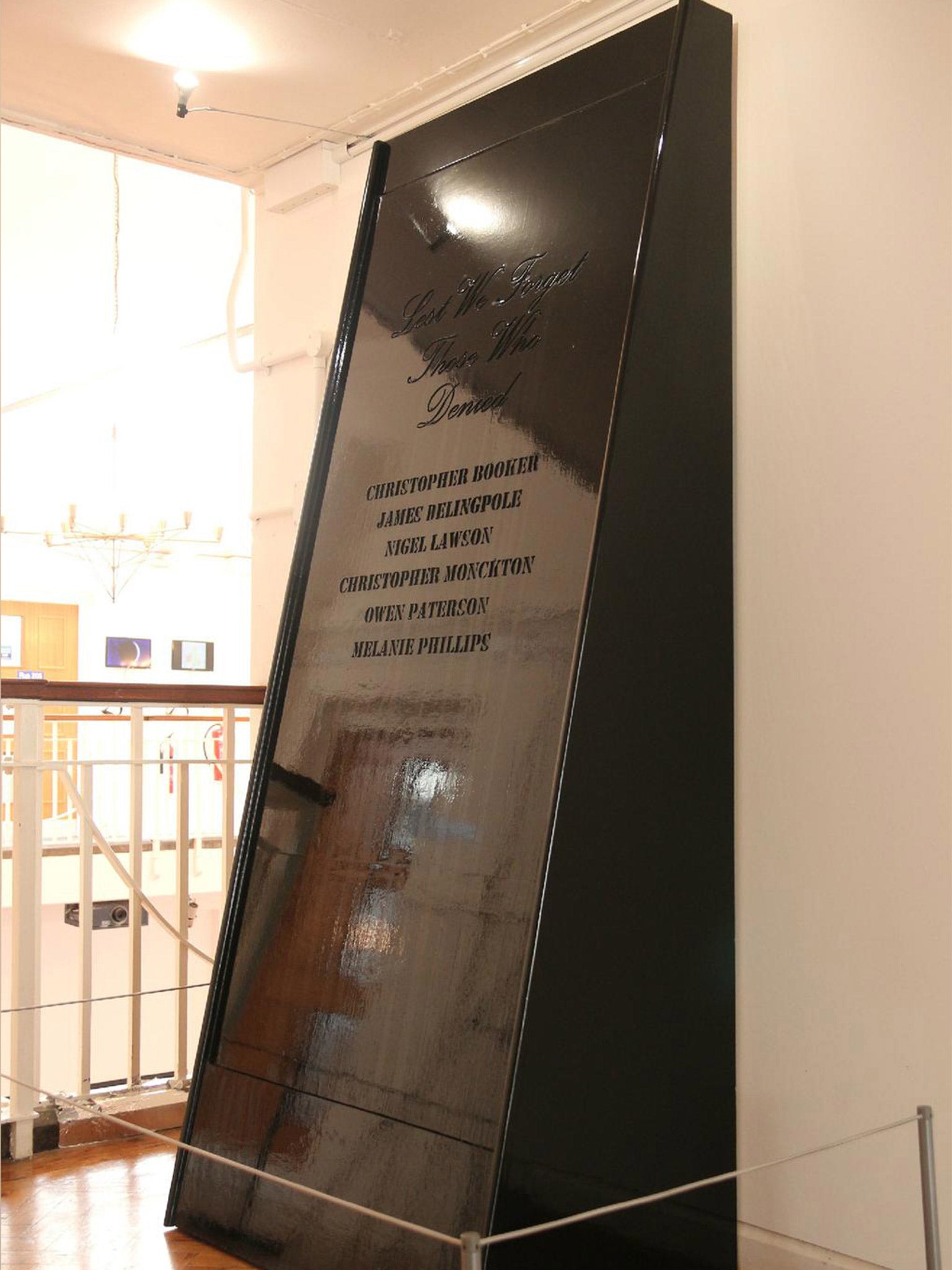 Lord Monckton is just one of several names featured under the line ‘Lest We Forget Those Who Denied’ on the artwork at Anglia Ruskin University