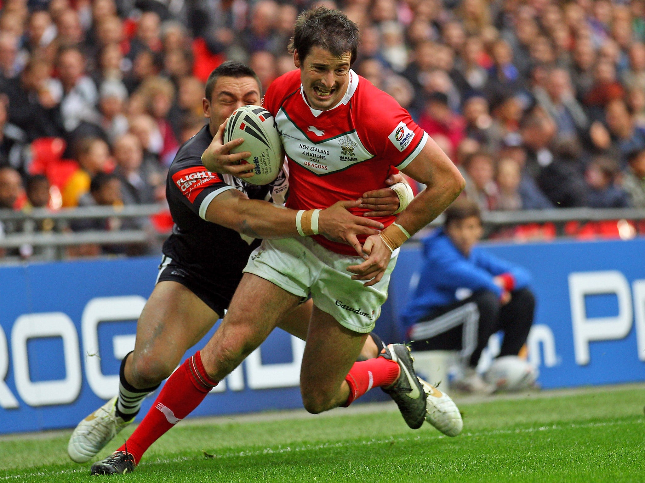 Jones fights off a New Zealand challenge playing for Wales at Wembley in 2011