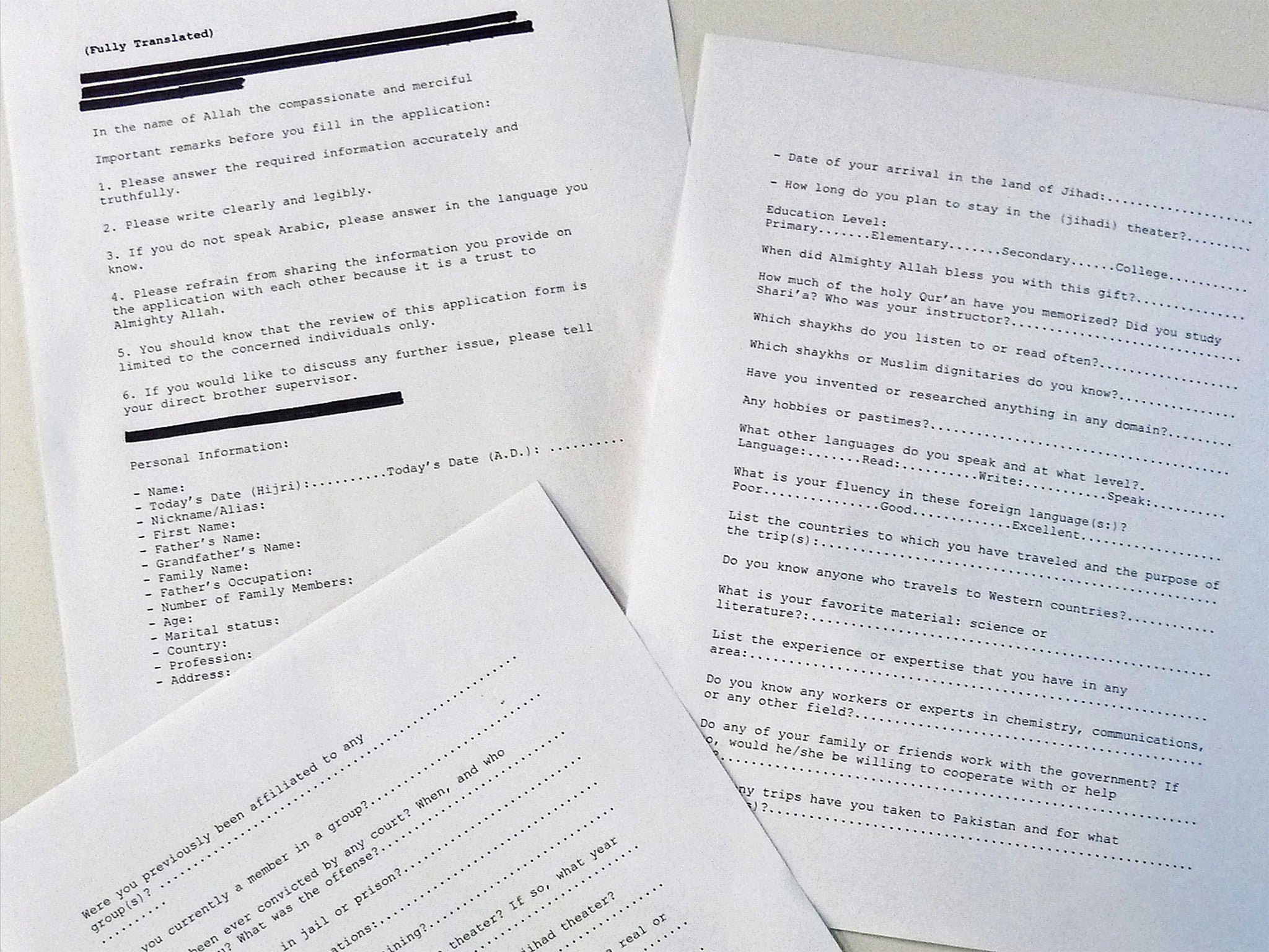 A printed-out version of Al-Qaeda's recruitment form translated by the CIA (Getty)