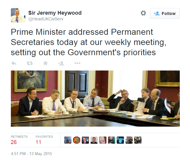 A tweet by Jeremy Heywood showing one of David Cameron's very own exclusionary meetings