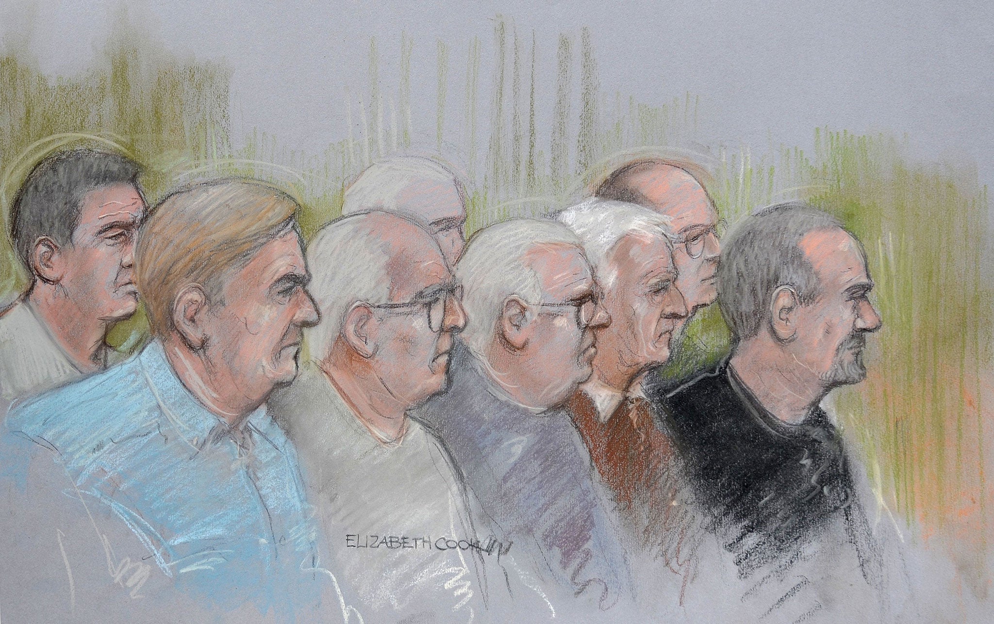Court artist sketch by Elizabeth Cook of (front row left to right) Paul Reeder, William Lincoln, John Collins, Brian Reeder and Hugh Doyle, (back row left to right) Daniel Jones, Terry Perkins (obscured) and Carl Wood