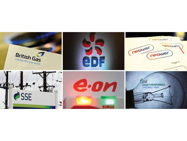 Logos for the 'Big Six'; energy companies (top row from left) British Gas, EDF, RWE npower, (bottom row from left) SSE, E.ON and ScottishPower
