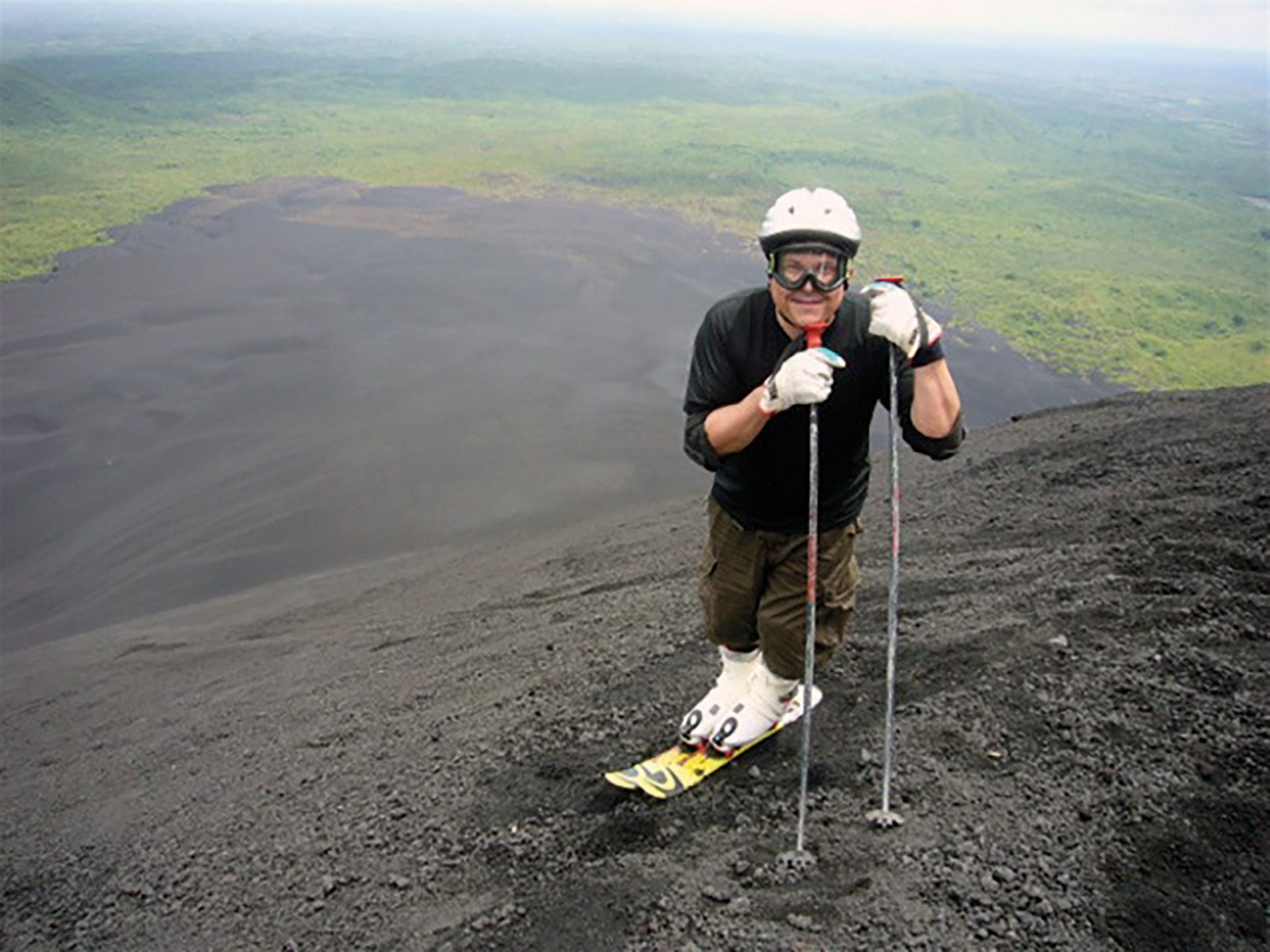 Dom prepares to ski down volcanic scree at Cerro Negro in Nicaragua