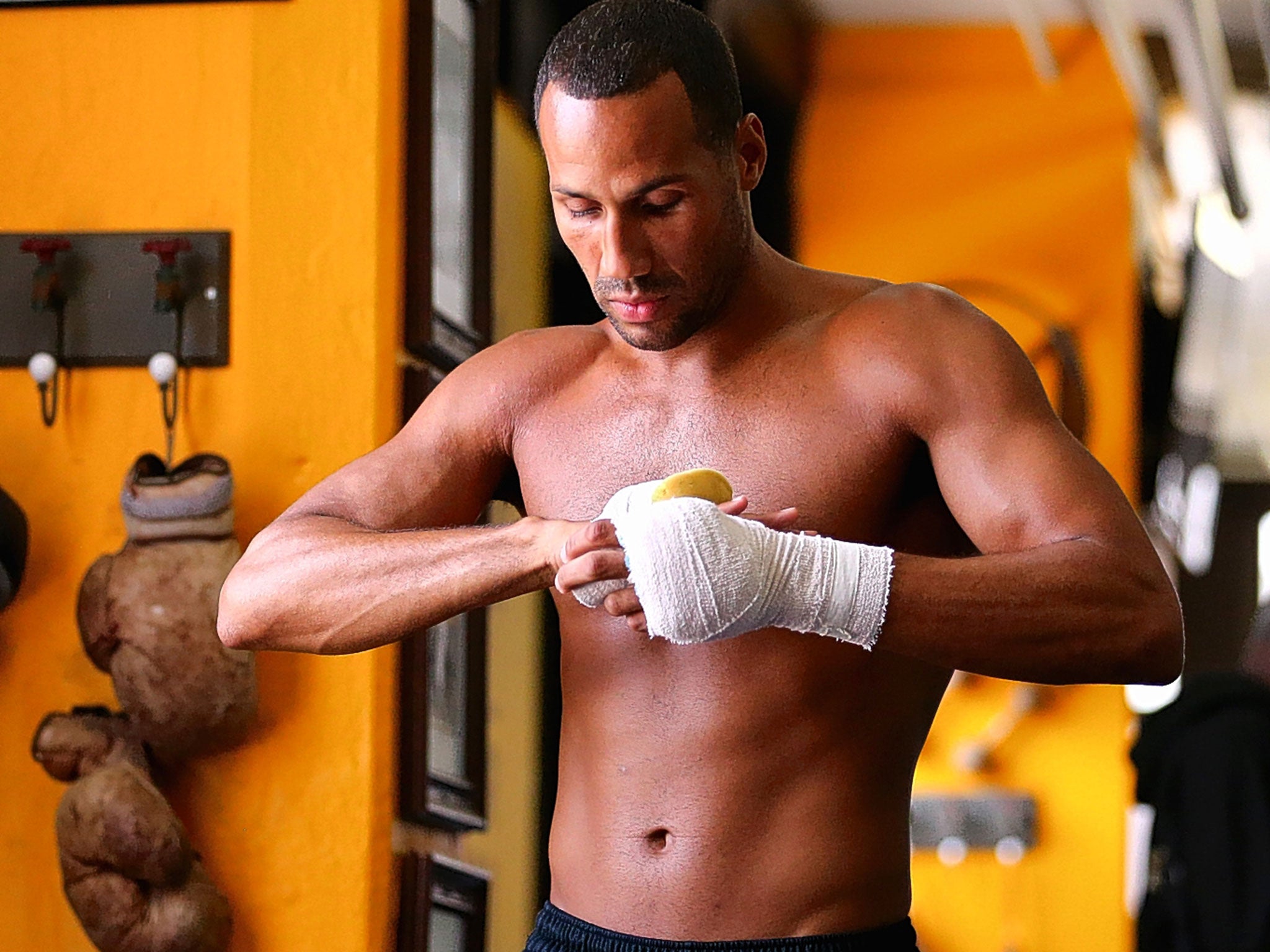 James DeGale straps up his hands during a training session ahead of Saturday’s fight in Boston