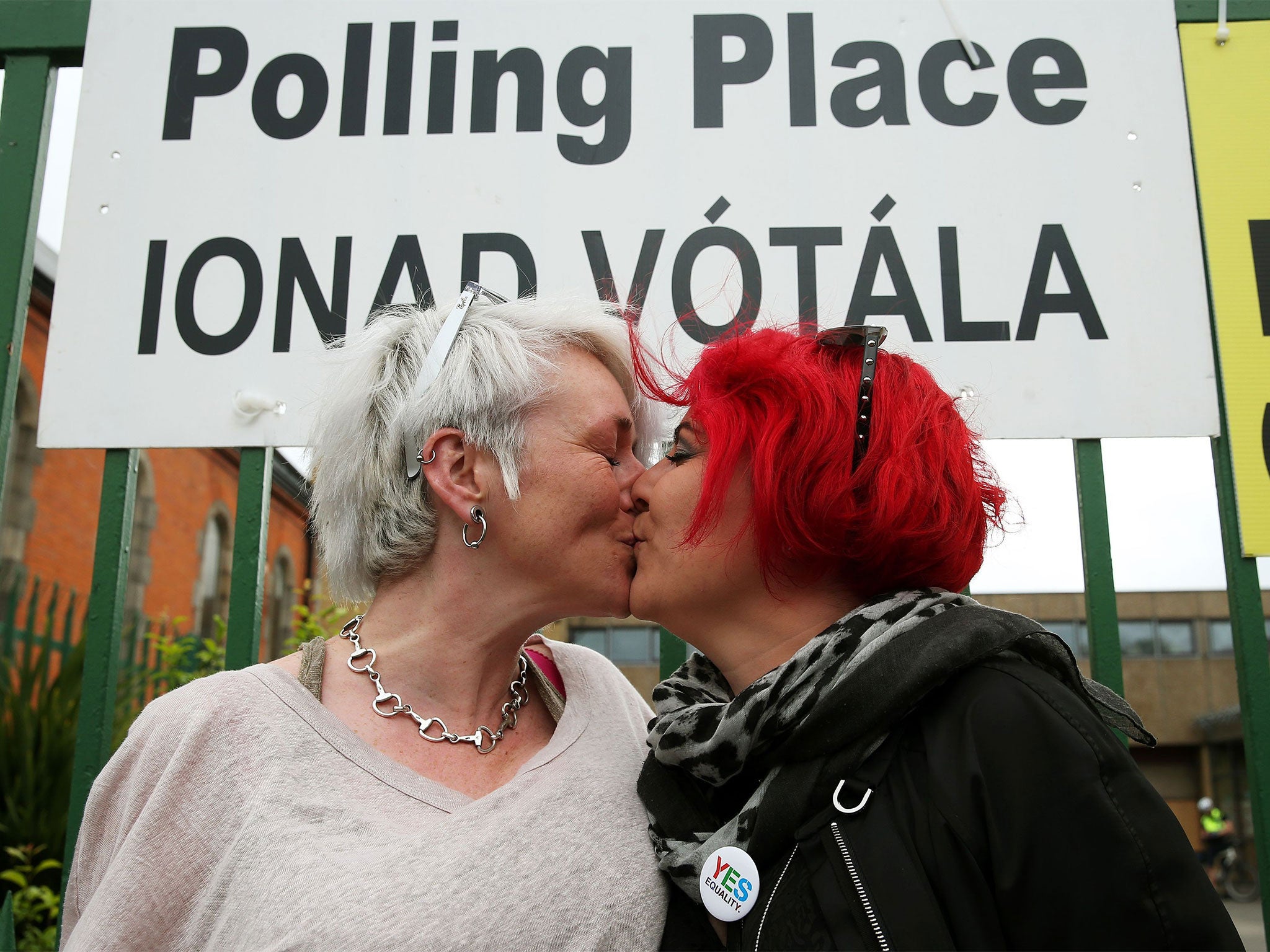 Lesbian couple Helen Brassil and Sharon Webb after casting their vote