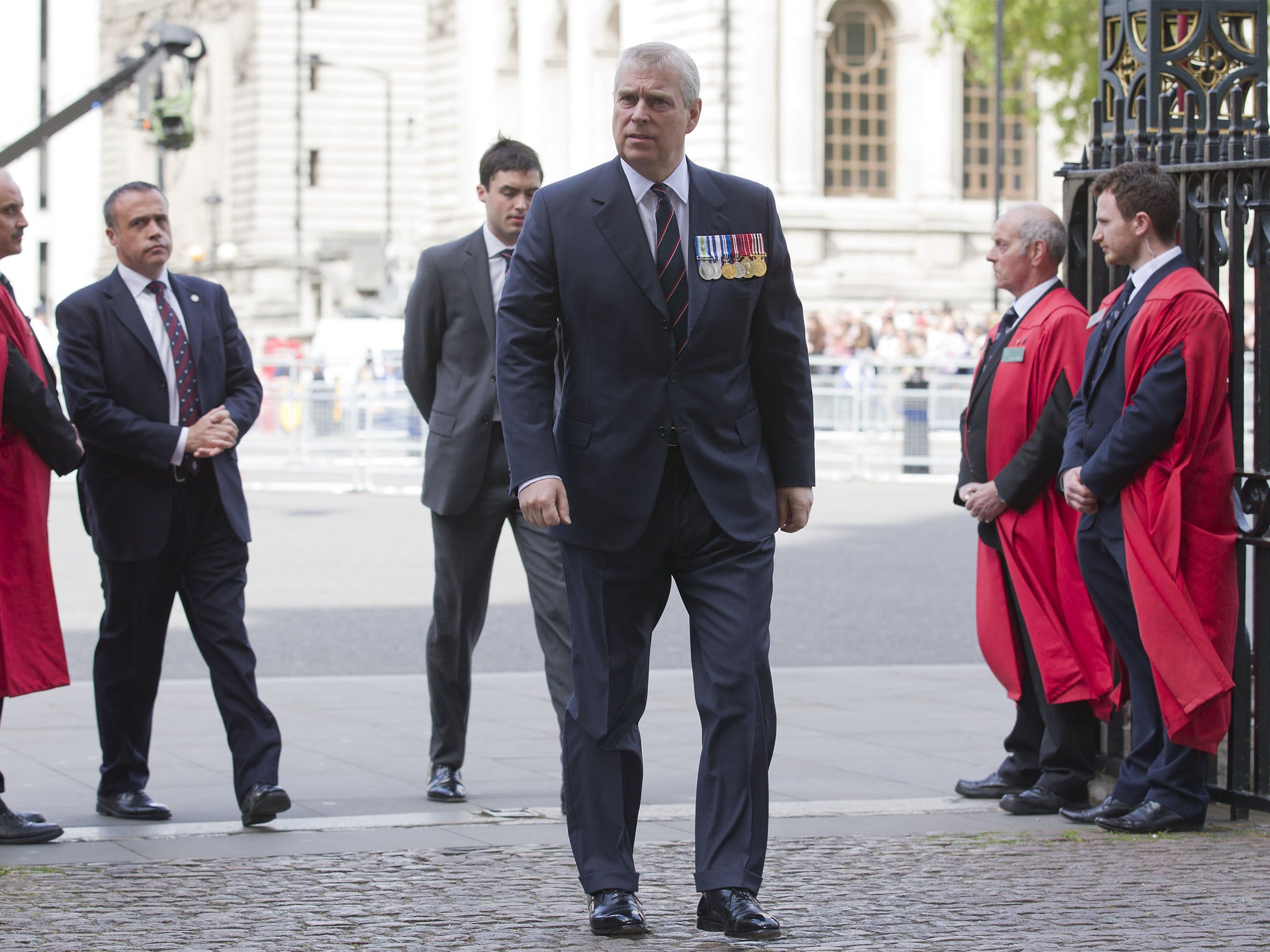 Prince Andrew, Duke of York, arrives to attend a service of national thanksgiving to mark the 70th anniversary of VE Day, the end of the Second World War in Europe, at Westminster Abbey in London on 10 May 2015.