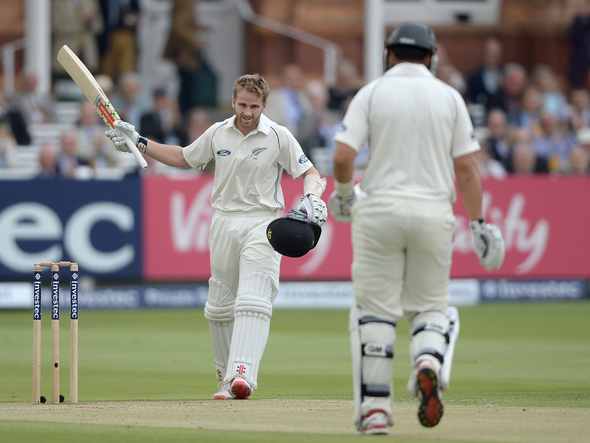 Kane Williamson celebrates reaching his century at Lord's