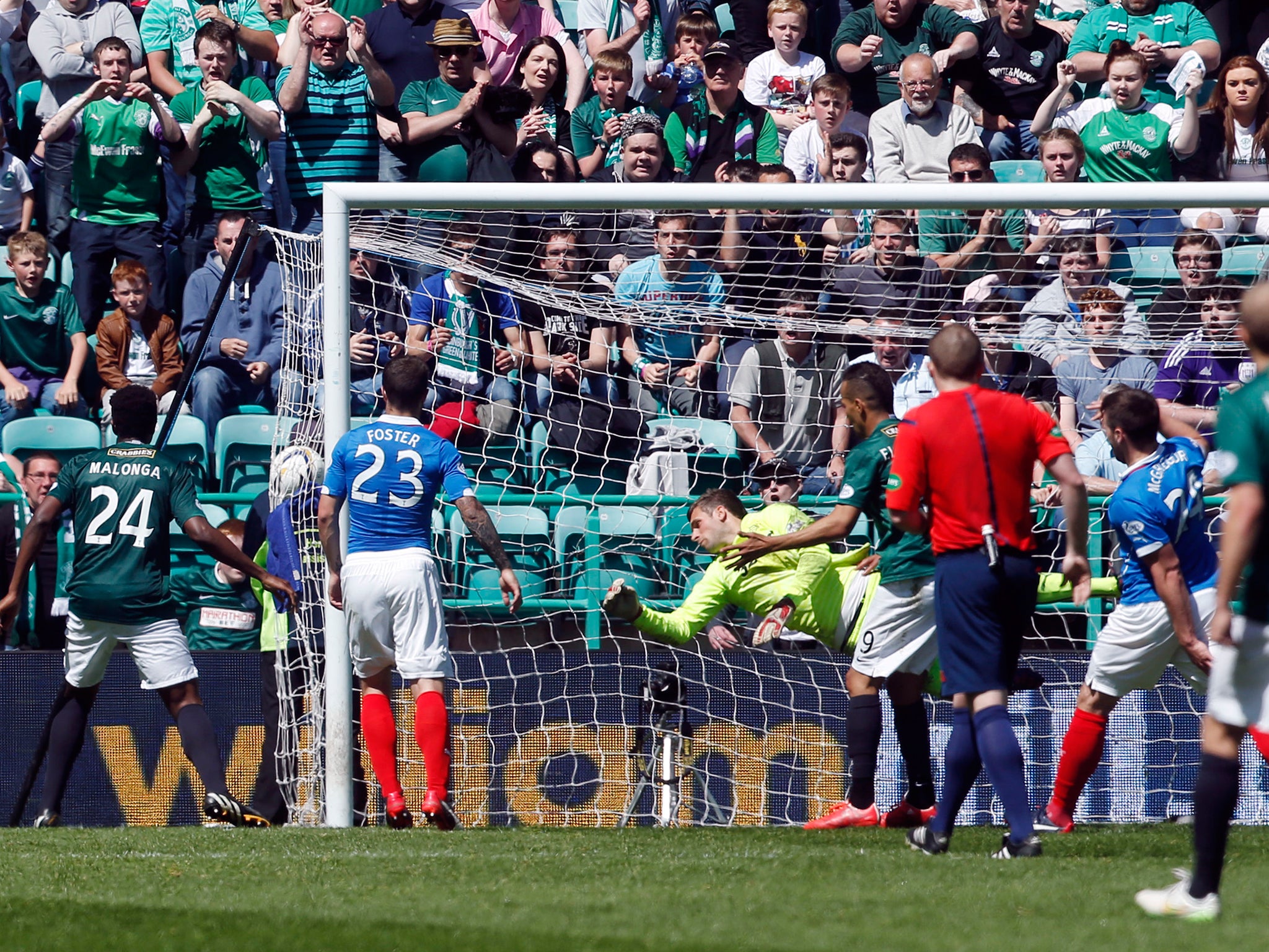 Hibernian's Jason Cummings (not pictured) scores a goal during the Scottish Premiership Play Off Semi Final at Easter Road