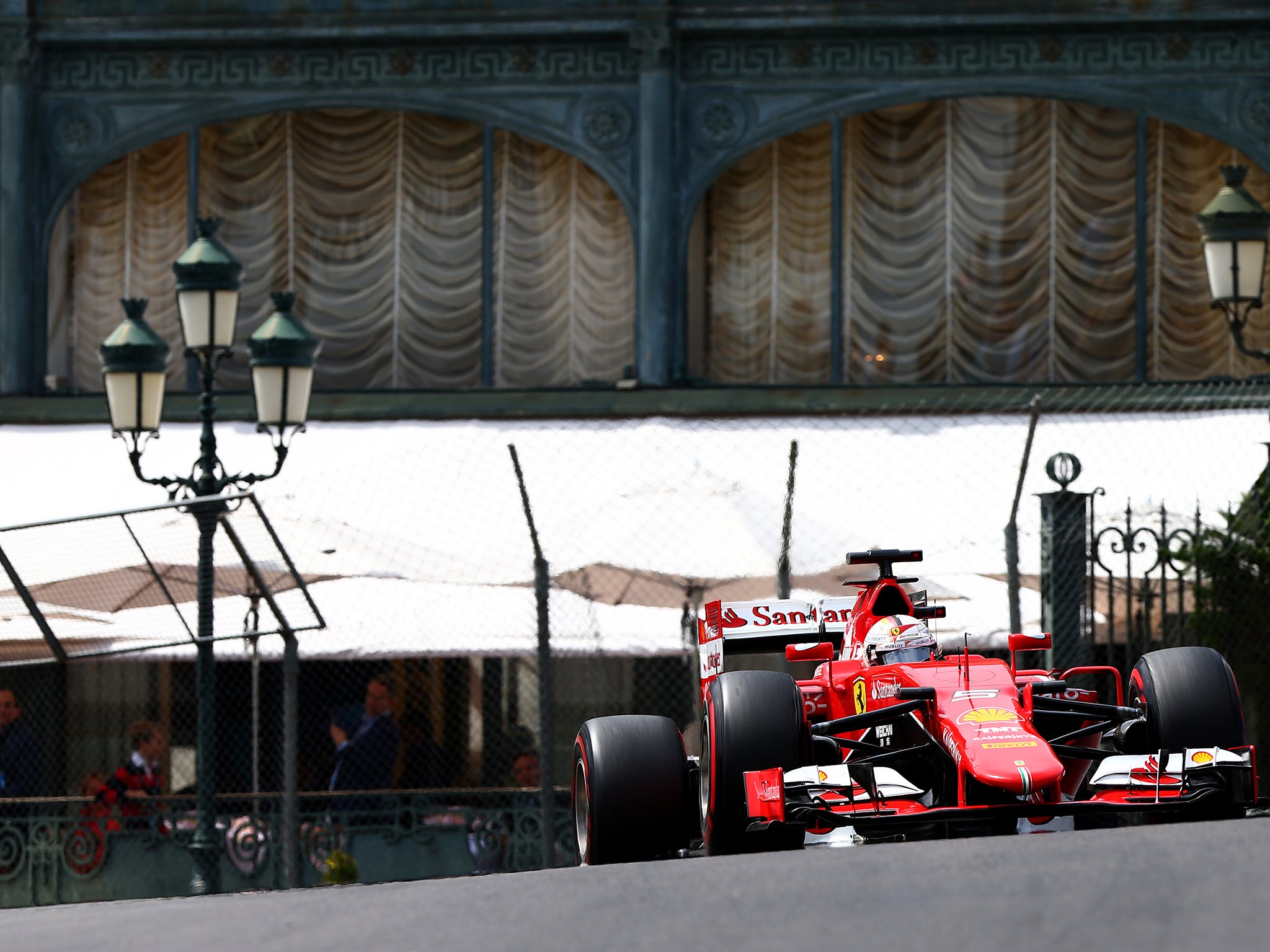 Sebastian Vettel comes over the crest of the Casino Square