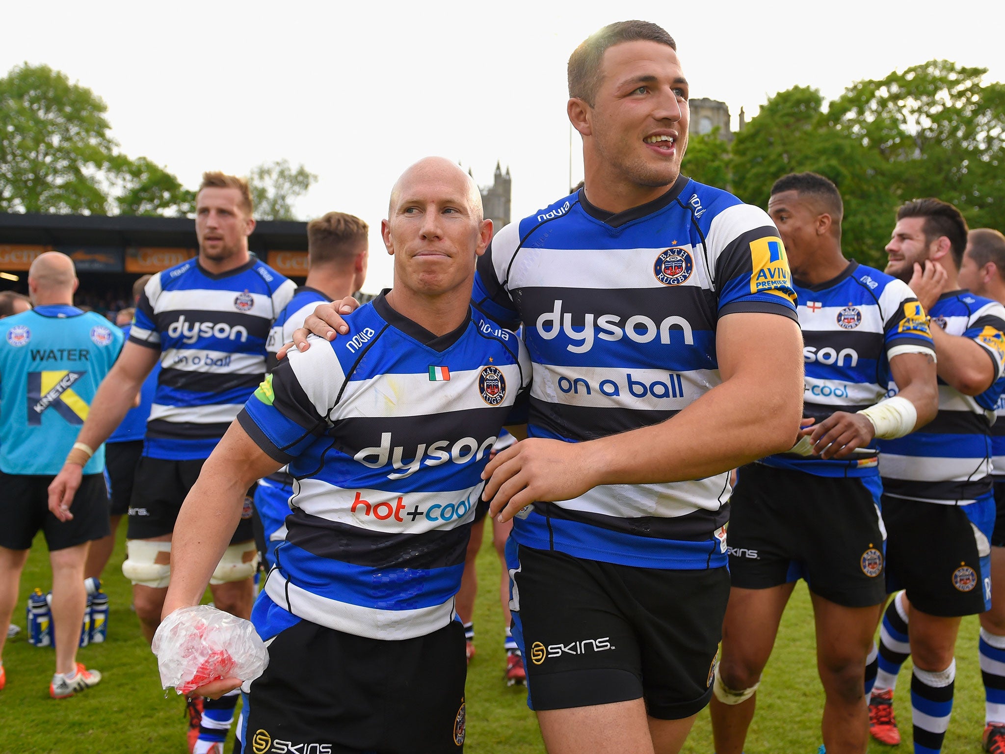 Sam Burgess (right) and Peter Stringer celebrate after the Aviva Premiership semi final match between Bath Rugby and Leicester