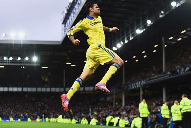 Chelsea striker Diego Costa celebrates after scoring the final goal of his team’s 6-3 victory at Everton
