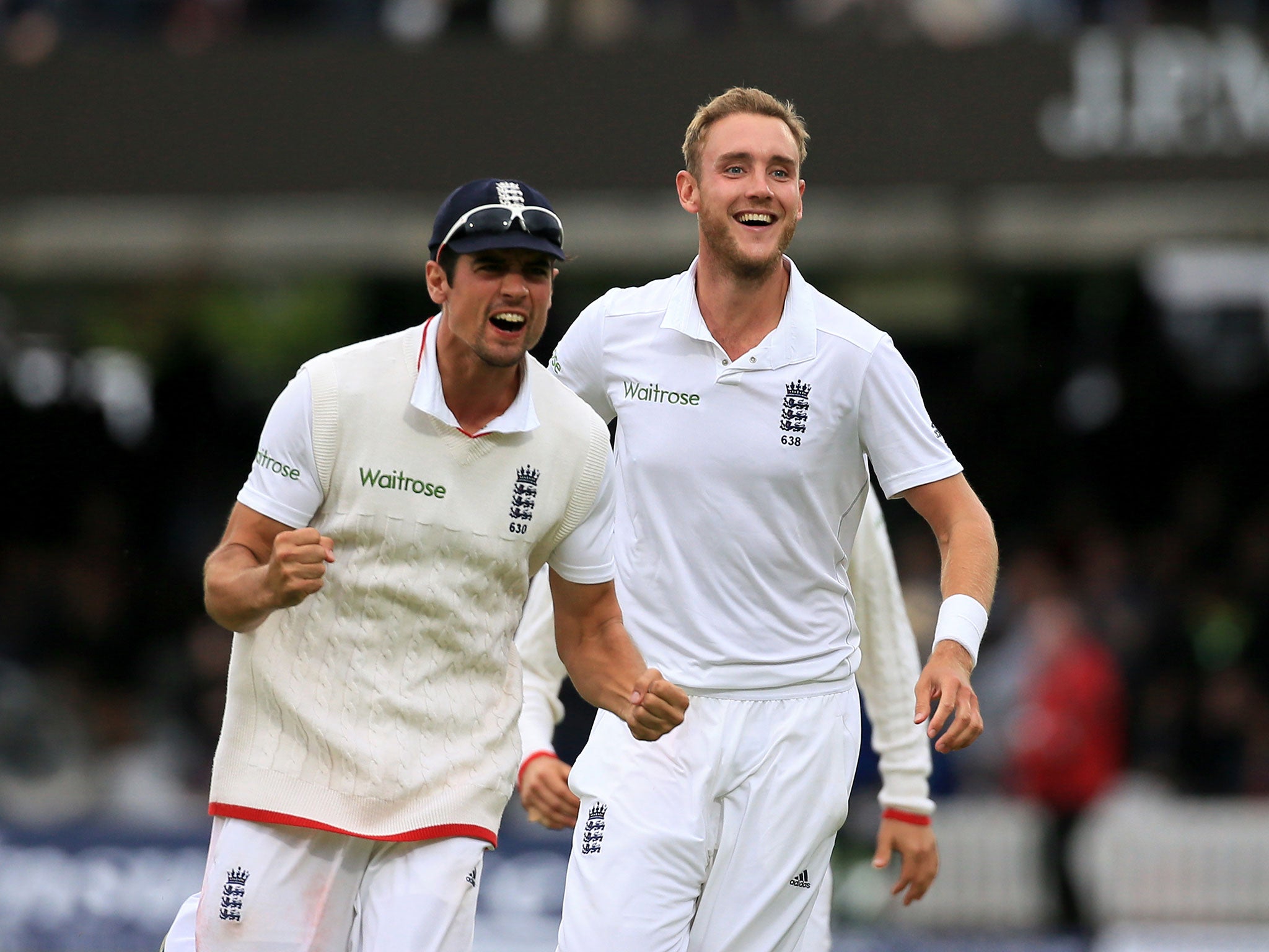 Alastair Cook, left, and Stuart Broad savour victory