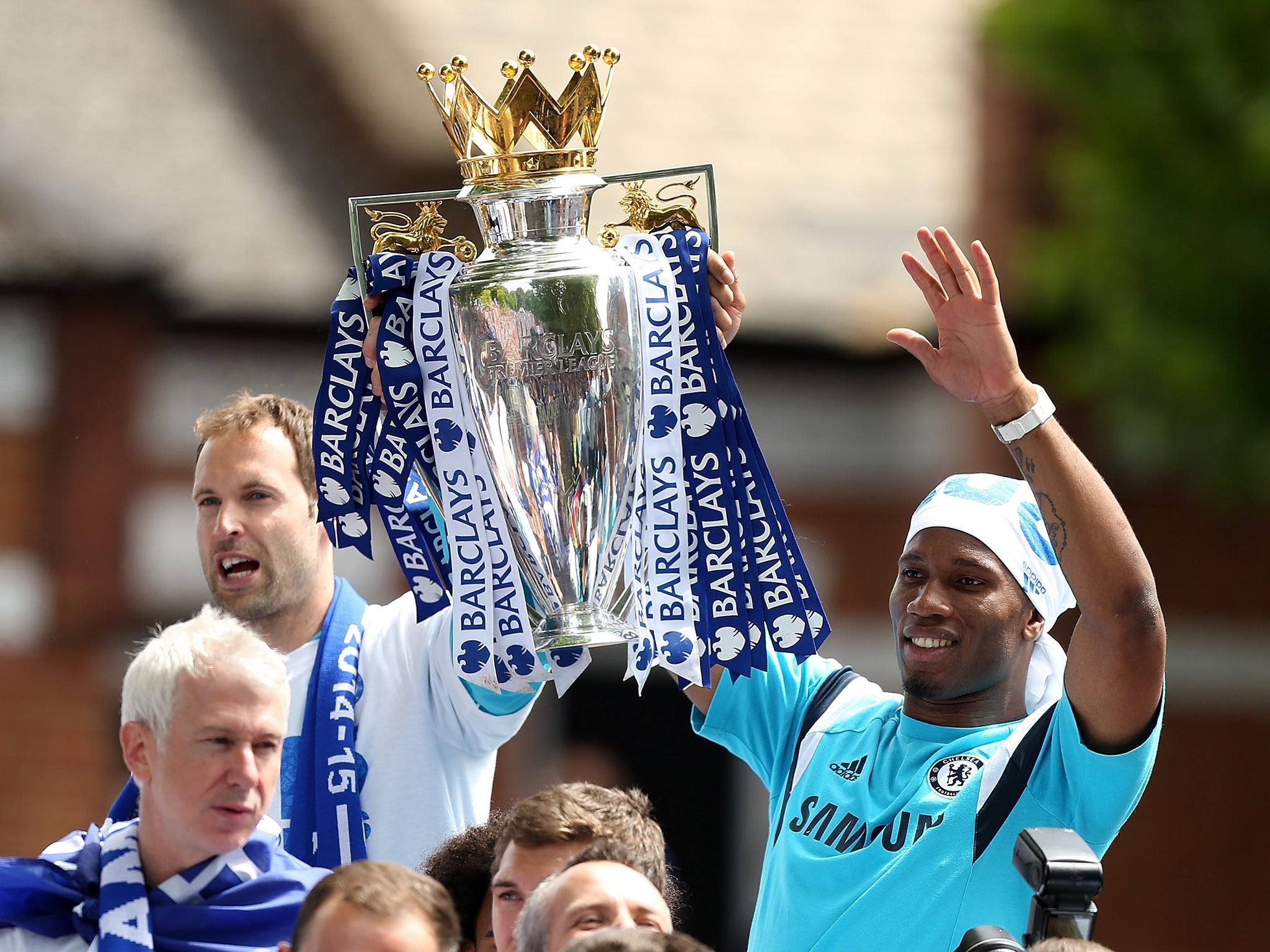 Cech and Drogba enjoy the Chelsea trophy parade on Monday