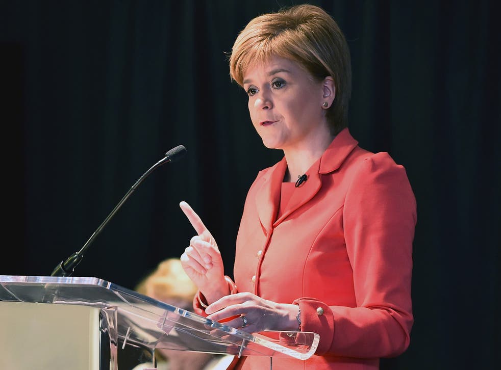 First Minister of Scotland Nicola Sturgeon delivers a speech at  Tynecastle Stadium, in Edinburgh, on Tuesday