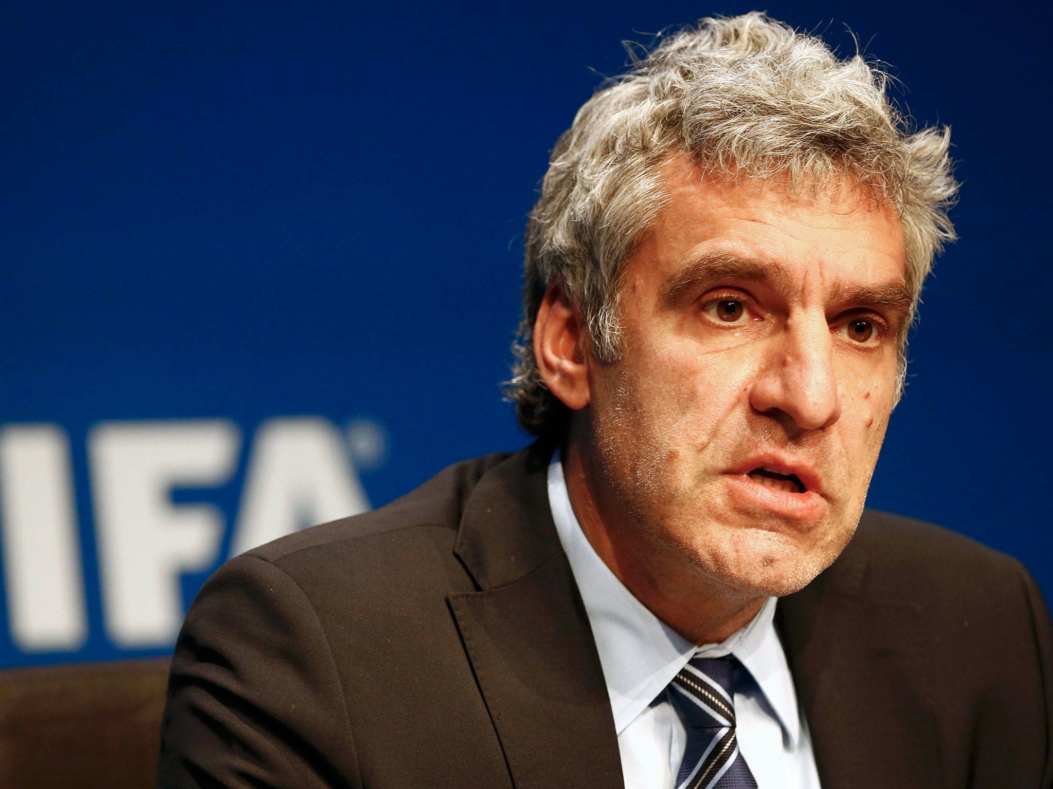 Walter De Gregorio, FIFA Director of Communications and Public Affairs addresses a news conference at FIFA headquarters in Zurich, Switzerland