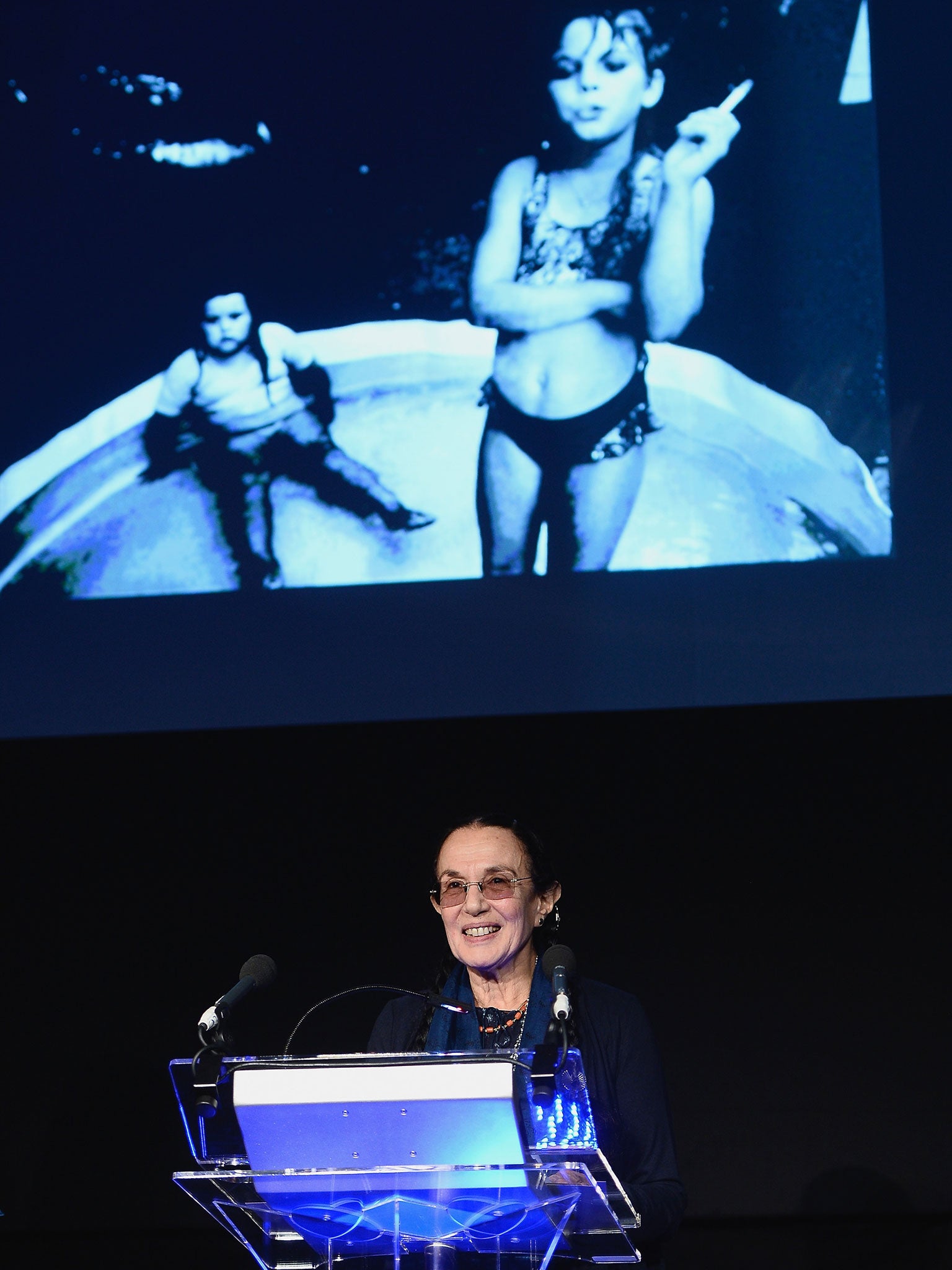 Mary Ellen Mark, winner of the Outstanding Contribution to Photography award on stage at the 2014 Sony World Photography awards (SWPA) at the London Hilton on April 30, 2014 in London