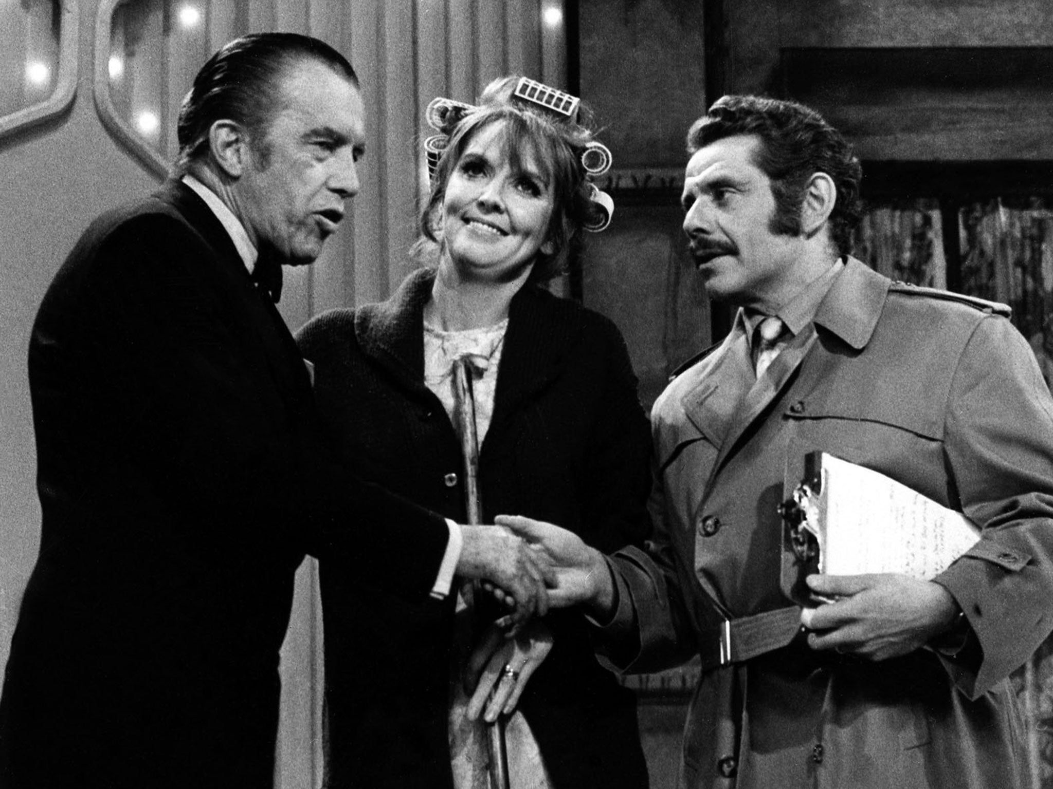 Meara and Stiller, centre and right, are greeted by the host of ‘The Ed Sullivan Show’ in 1970