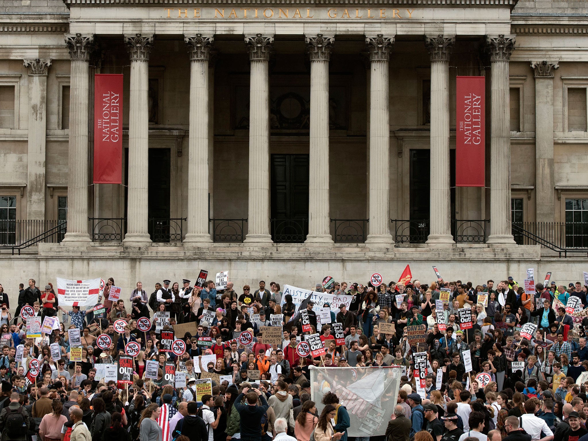 The anti-austerity protest in Trafalgar Square, central London