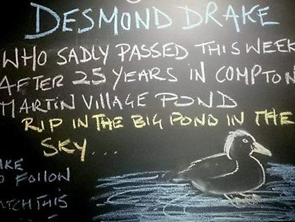 The Ring O'Bells pub announced the death of Desmond Drake