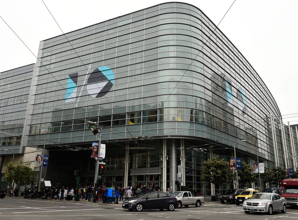 People wait in line for the Google I/O 2015 developers conference