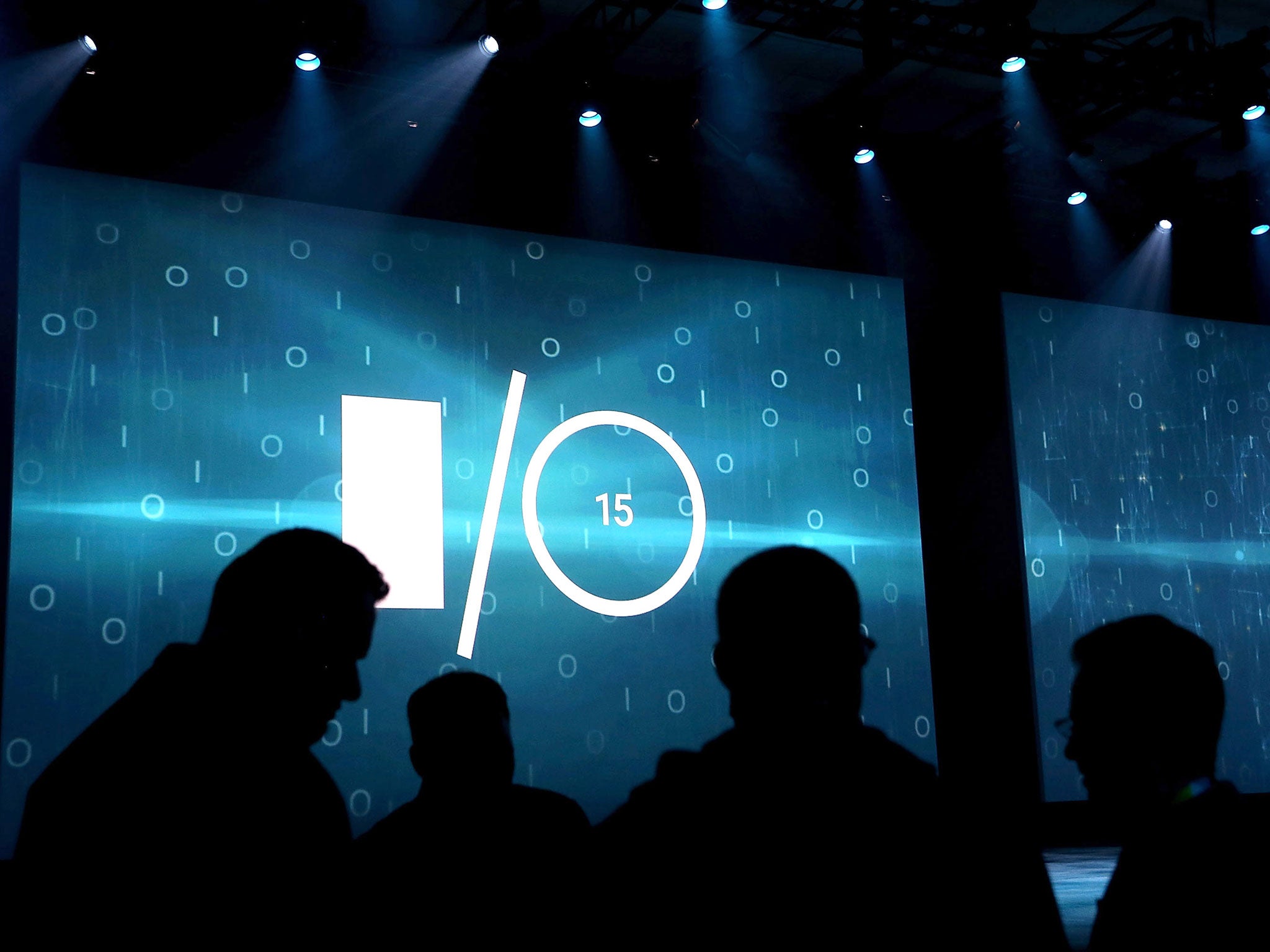 Attendees gather before the start of the opening keynote during the 2015 Google I/O conference