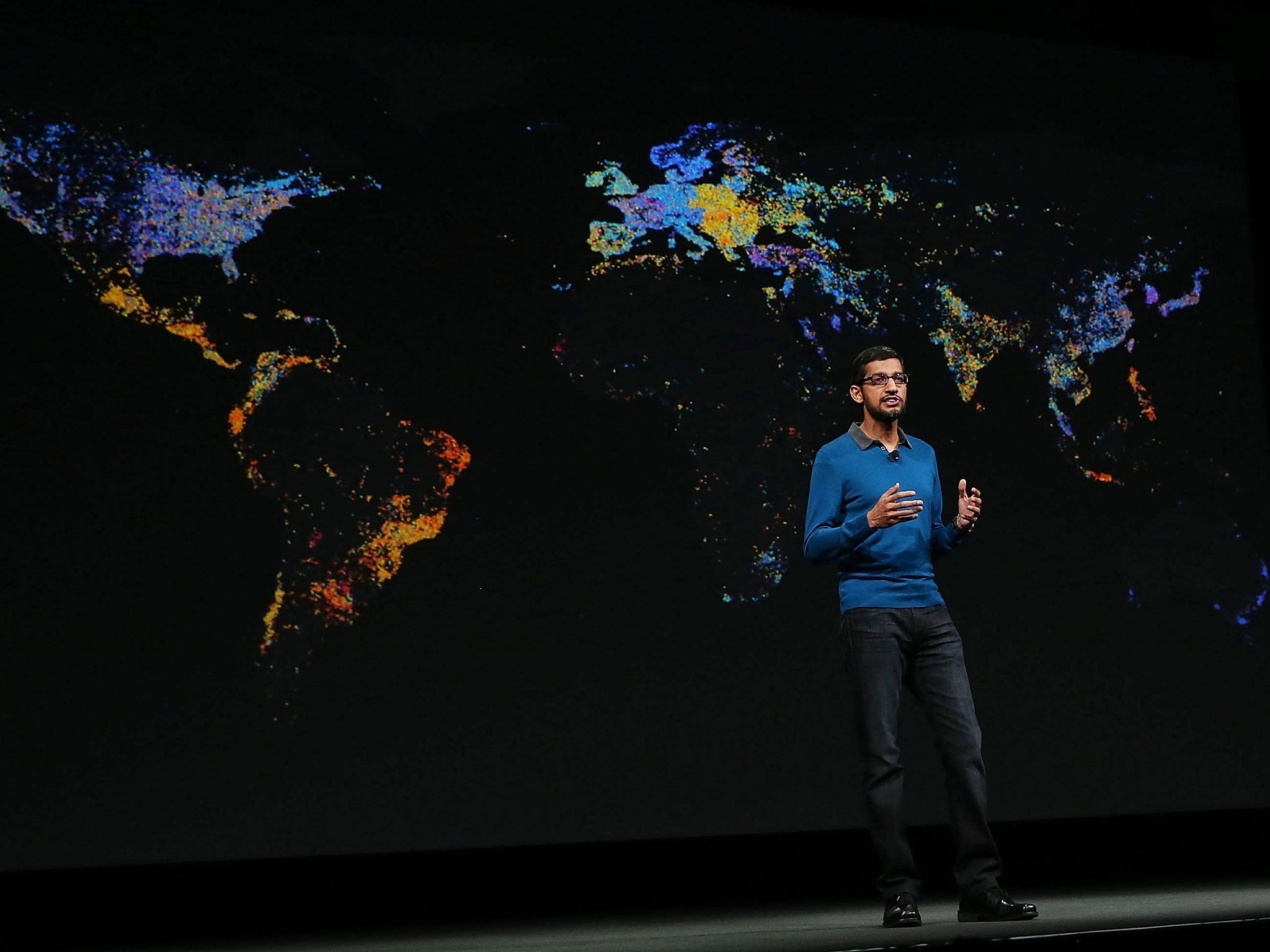 Google senior vice president of product Sundar Pichai delivers the keynote address during the 2015 Google I/O conference