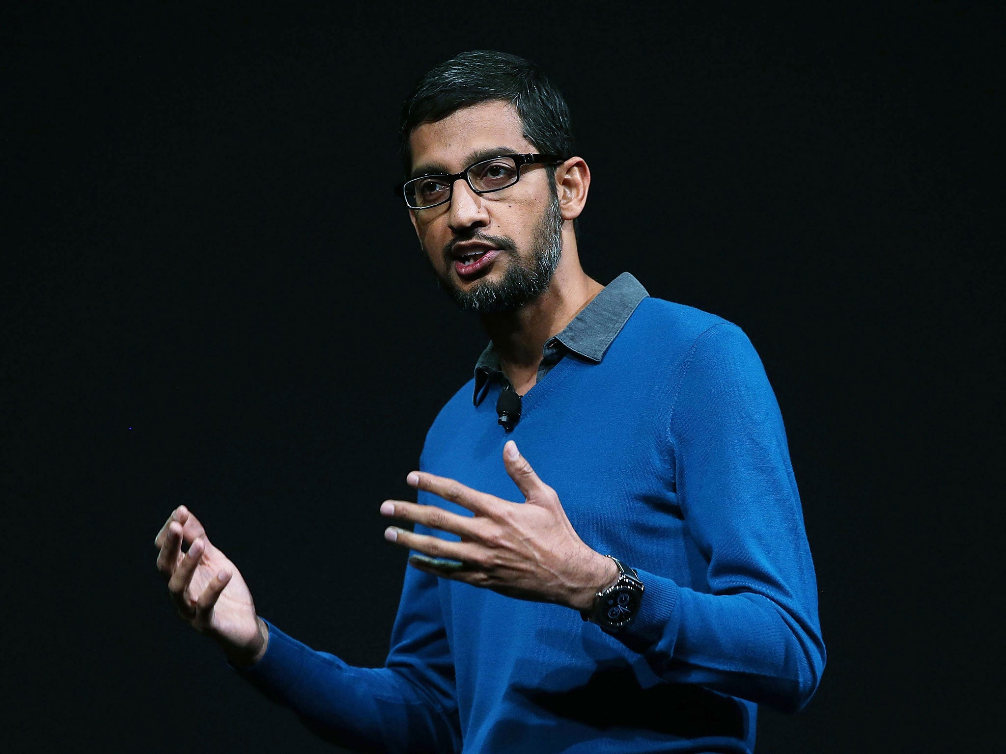 Google senior vice president of product Sundar Pichai delivers the keynote address during the 2015 Google I/O conference