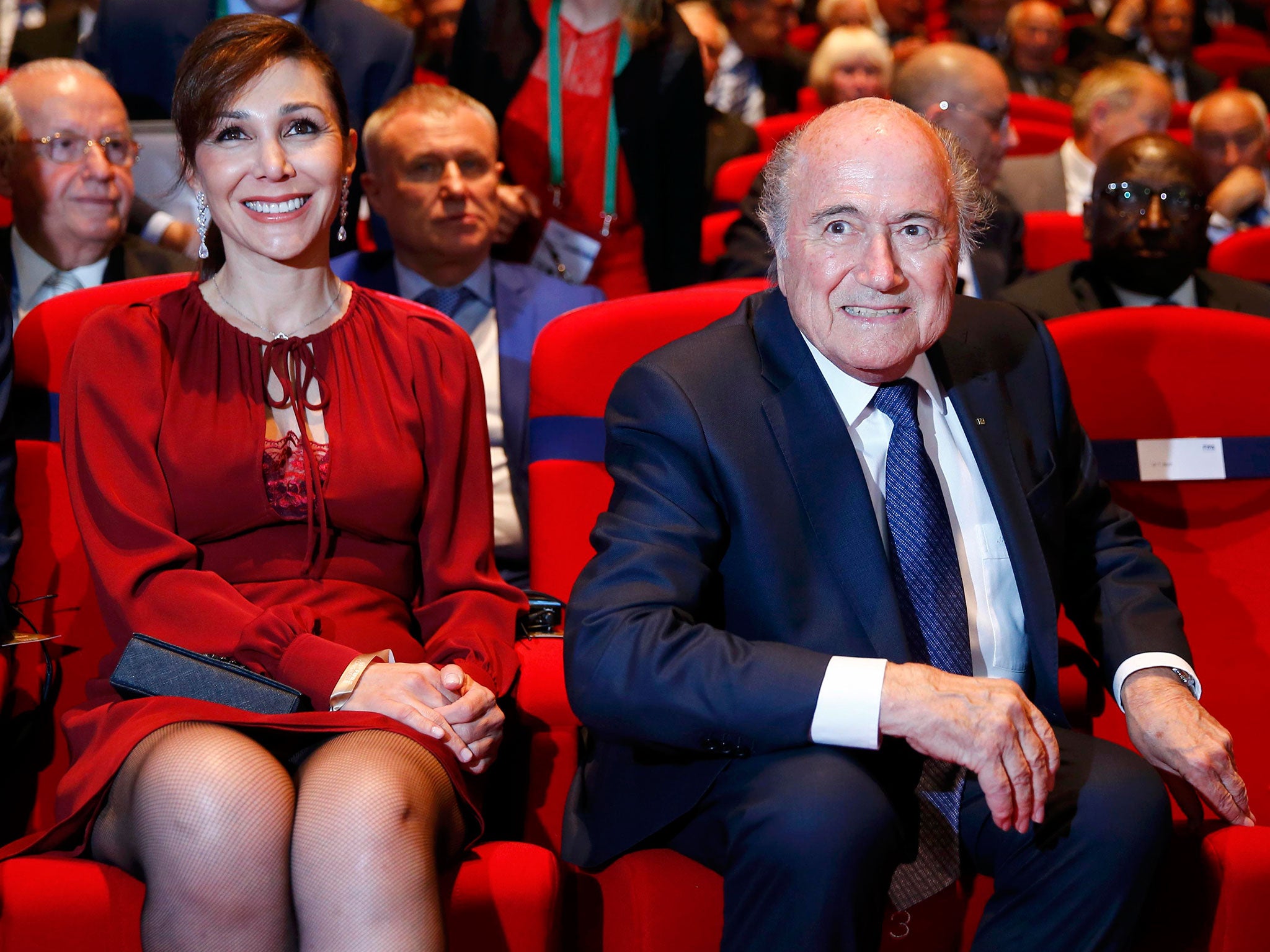 Sepp Blatter and his partner, Linda Barras, arrive at the Fifa Congress in Zurich