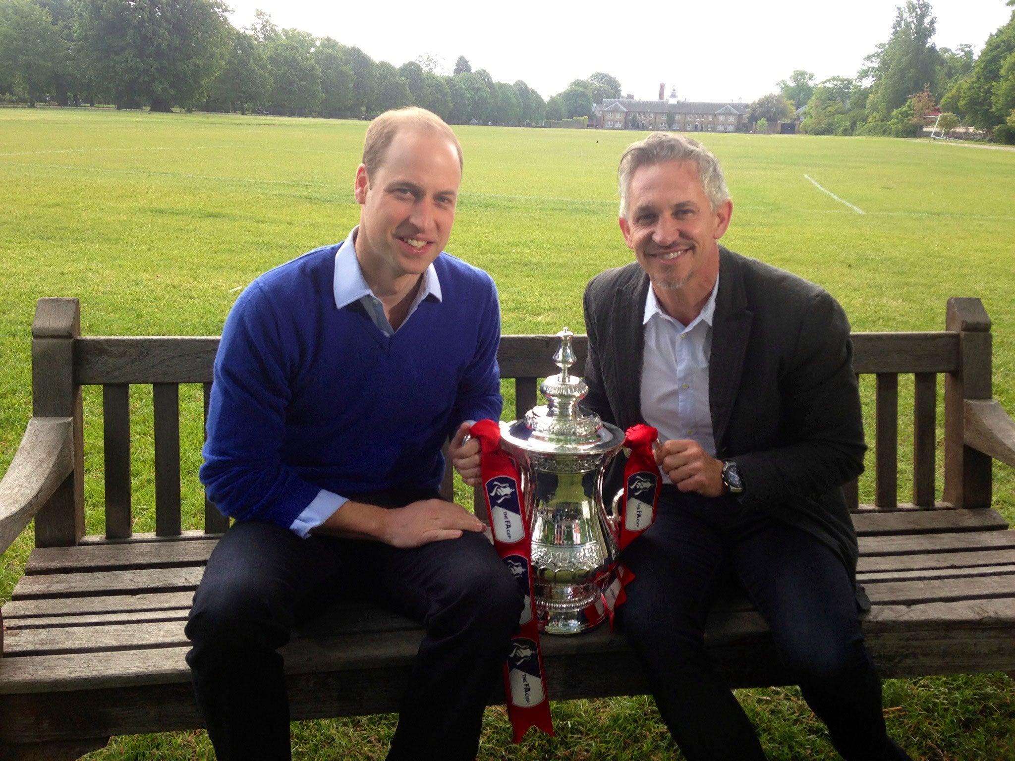 Duke of Cambridge being interviewed at Kensington Palace in London by Gary Lineker for the FA Cup Final on the BBC where he revealed he would "love" to attend football matches with his son Prince George in the near future, but he will have to "pass that b