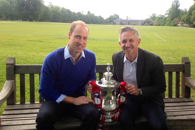 Duke of Cambridge being interviewed at Kensington Palace in London by Gary Lineker for the FA Cup Final on the BBC where he revealed he would "love" to attend football matches with his son Prince George in the near future, but he will have to "pass that b