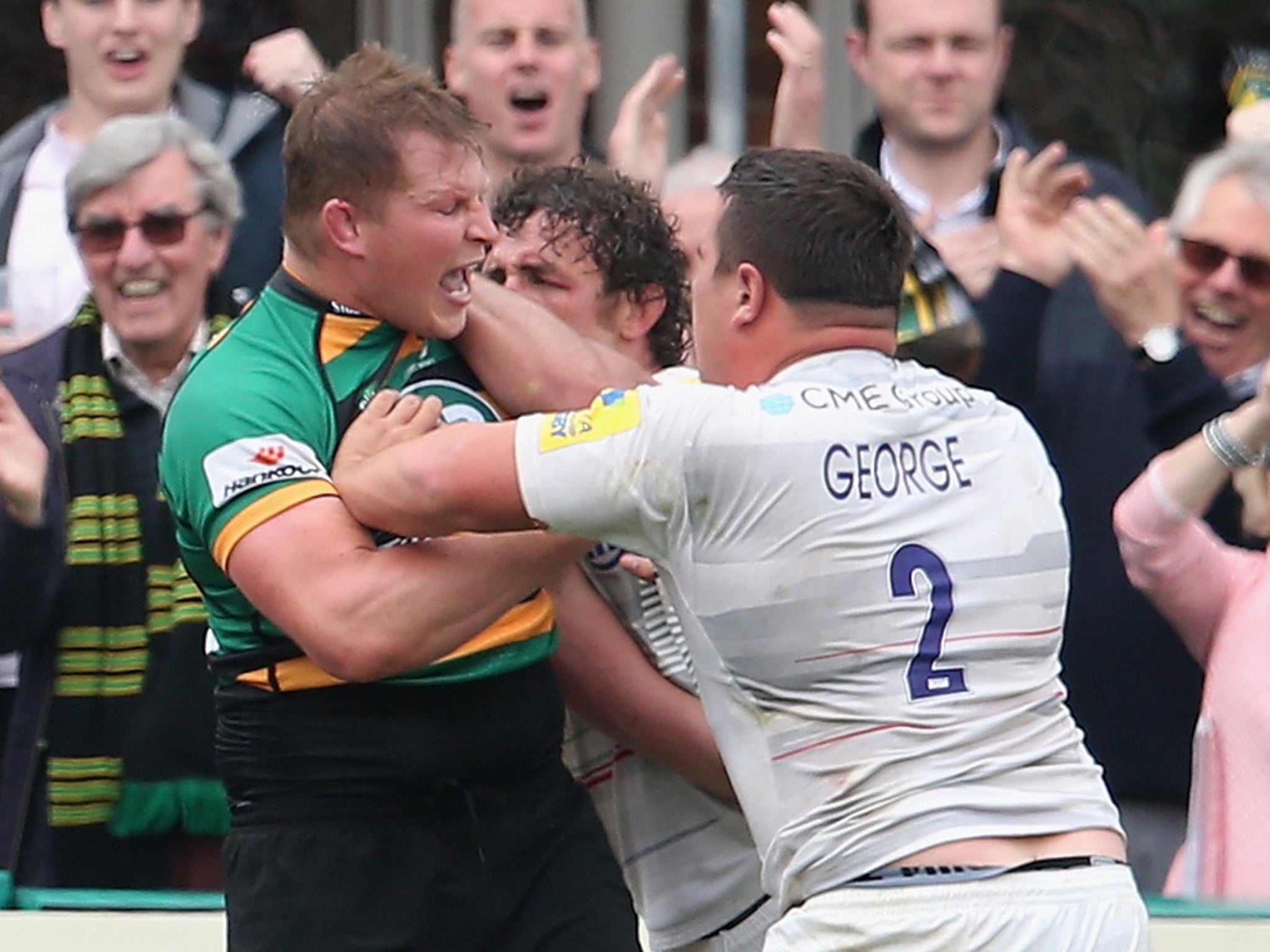 Dylan Hartley clashes with Jamie George and Jacques Burger