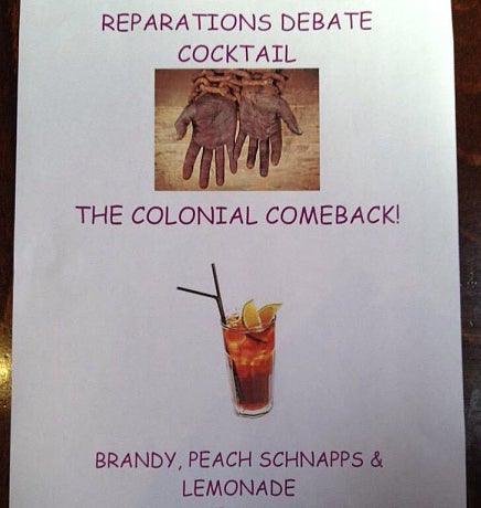 Menu offered at The Oxford Union featuring 'The Colonial Comeback' cocktail and a pair of hands in chains (Photo by Adam Cooper)
