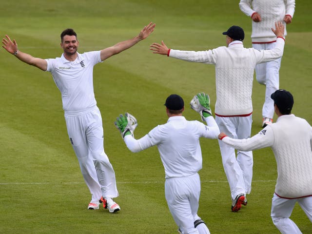 James Anderson celebrates dismissing Martin Guptill for his 400th England Test wicket