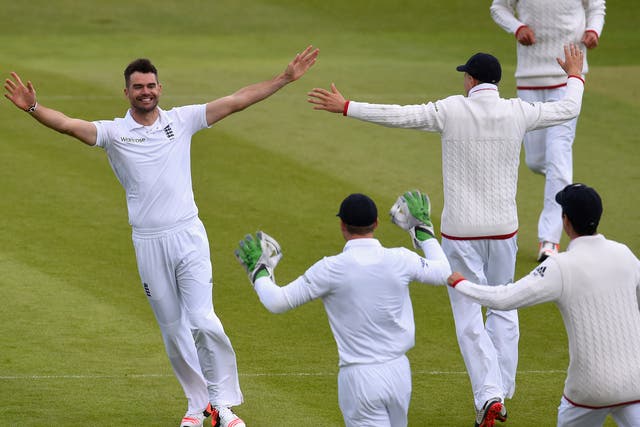 James Anderson celebrates dismissing Martin Guptill for his 400th England Test wicket