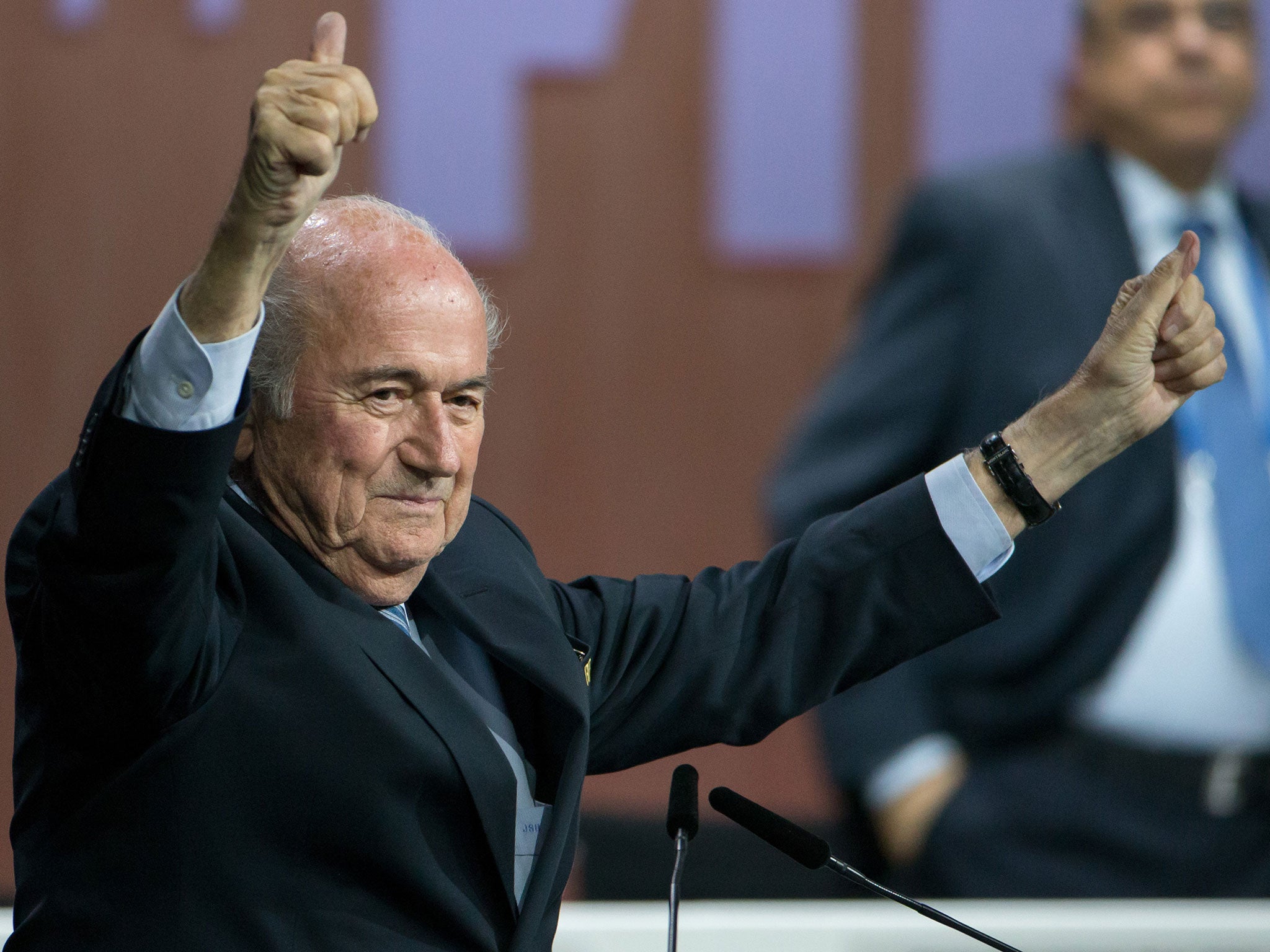 Sepp Blatter celebrates victory in the Fifa presidency vote
