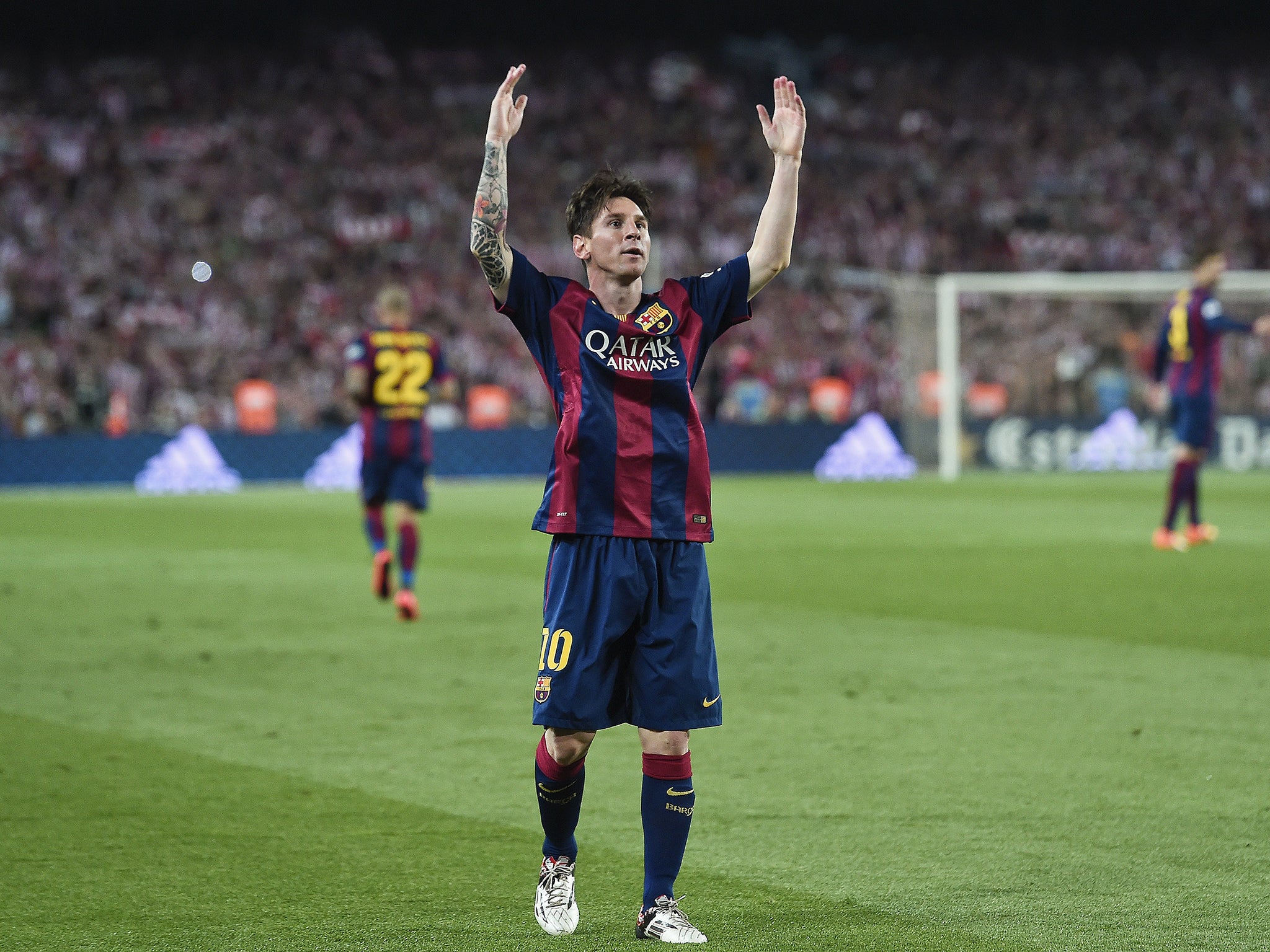 Lionel Messi celebrates after scoring against Athletic Bilbao